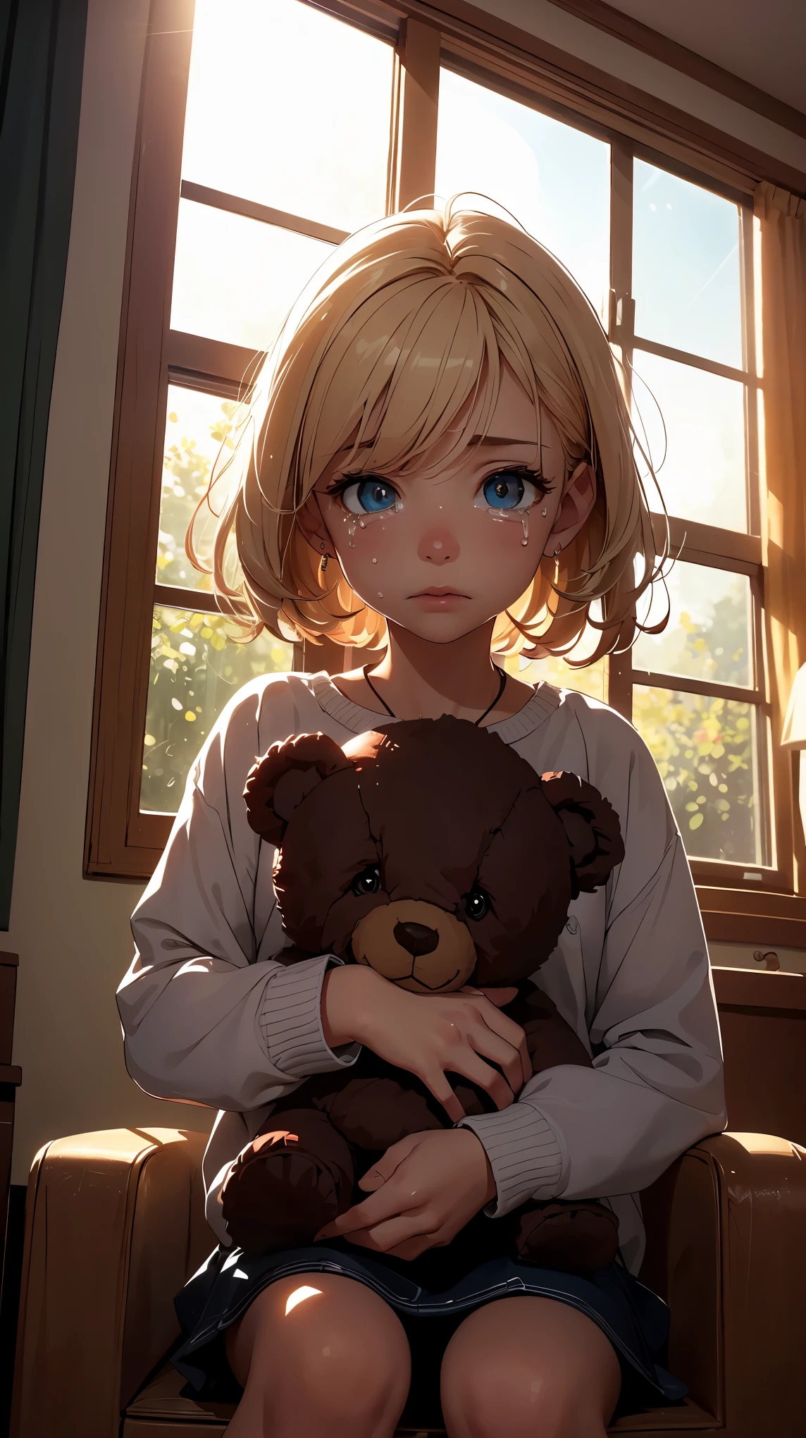 concept:portrait of crying child. quality:(最高quality, 8k, 4k, High resolution, masterpiece:1.2), Super detailed, (real, photorealistic:1.37). lighting effects:cinematic light, Bright colors and mesmerizing effects, Soft and delicate lighting, gentle shine, pastel colour. Subject information:one , Emotional, (cry, Watery eye, gentle expression), (lonely, desolate), (stuffed teddy bear), (sunlight shining through the window), (warm atmosphere), (Comfortable environment), (childhood innocence). Other details:(indoor setting), (Nursery), (scattered toys), perfect fingers, five fingers, anatomically correct, background bokeh, Lens flare, 300㎜, f/4, photo shoot.