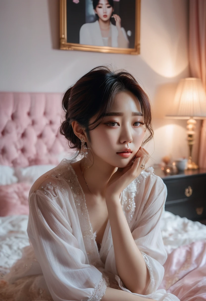 An exceptionally beautiful woman, detailed tears rolling down her cheeks, sitting cross-legged in her luxurious bedroom. She is positioned on her bed, holding a picture of her beloved Kpop Idol in her delicate hands. The room is filled with a soft, ethereal light, casting a gentle glow on her angelic face. The tear stains on her face are visible, emphasizing her raw emotions. The room is adorned with elegant furniture and delicate decorations, reflecting her refined taste. The walls are adorned with art pieces that depict the vibrant Kpop culture. The atmosphere exudes a sense of intimacy and solitude, as if she is lost in her own thoughts. The room is complete with a cozy ambiance, represented by warm tones of light and soft textures. The image quality should be best, with a resolution of 4k or 8k, capturing every intricate detail of her beauty and emotions. The overall style should be realistic and photorealistic, capturing the essence of this emotional moment in stunning detail.