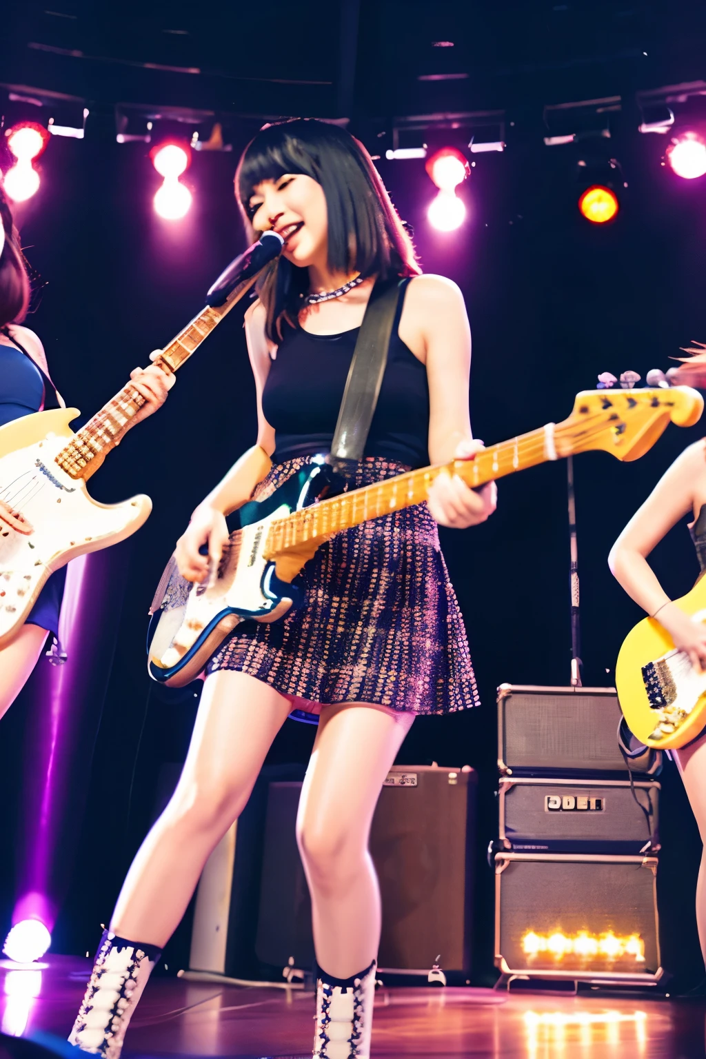 Japanese twenties female trio、guitarist、Electric guitar、Electric Bass、Divas singing while playing the keyboard、pop song、mini skirt、knee high、Navel exposed、bare shoulders、