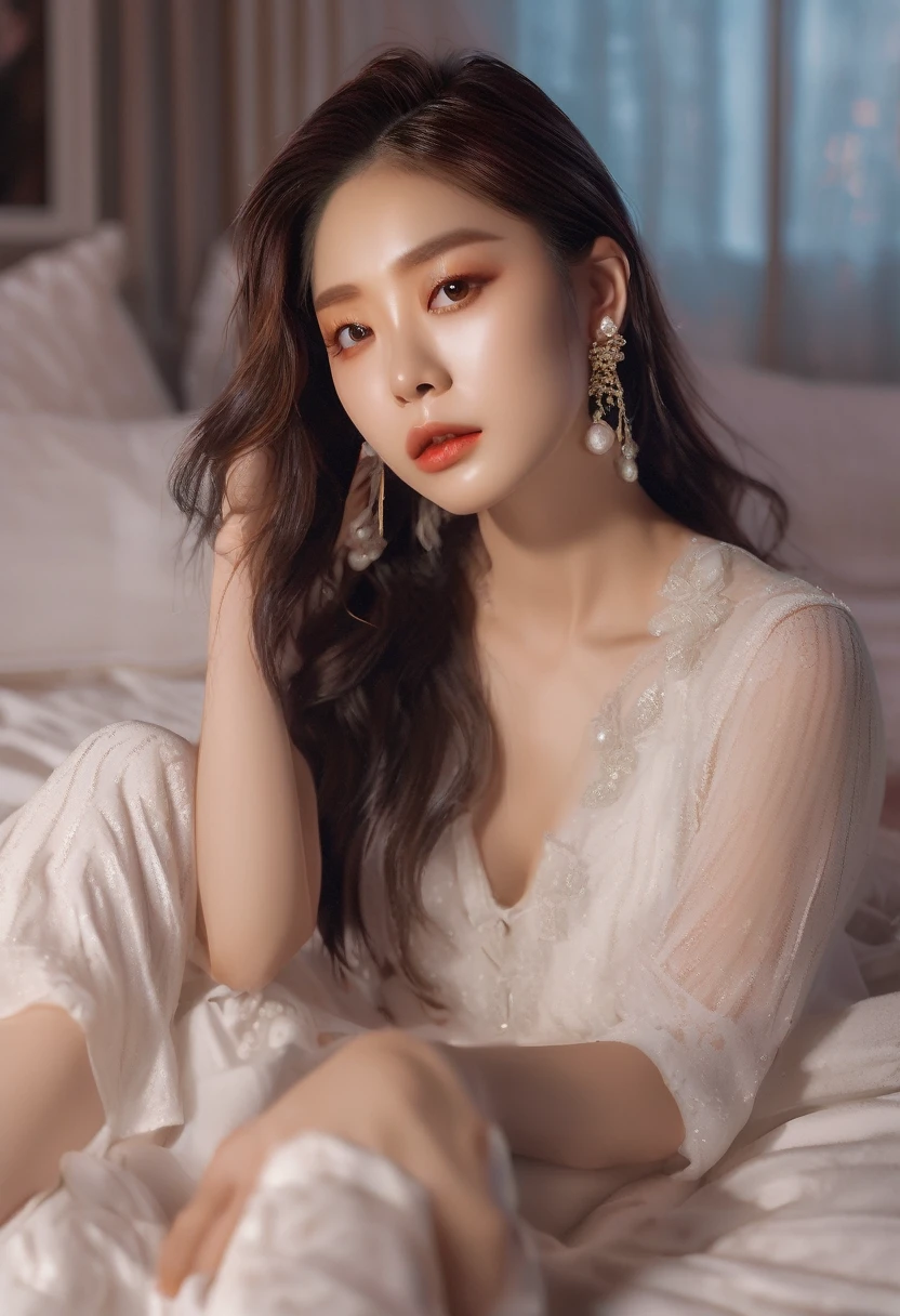 An exceptionally beautiful woman, detailed tears rolling down her cheeks, sitting cross-legged in her luxurious bedroom. She is positioned on her bed, holding a picture of her beloved Kpop Idol in her delicate hands. The room is filled with a soft, ethereal light, casting a gentle glow on her angelic face. The tear stains on her face are visible, emphasizing her raw emotions. The room is adorned with elegant furniture and delicate decorations, reflecting her refined taste. The walls are adorned with art pieces that depict the vibrant Kpop culture. The atmosphere exudes a sense of intimacy and solitude, as if she is lost in her own thoughts. The room is complete with a cozy ambiance, represented by warm tones of light and soft textures. The image quality should be best, with a resolution of 4k or 8k, capturing every intricate detail of her beauty and emotions. The overall style should be realistic and photorealistic, capturing the essence of this emotional moment in stunning detail.