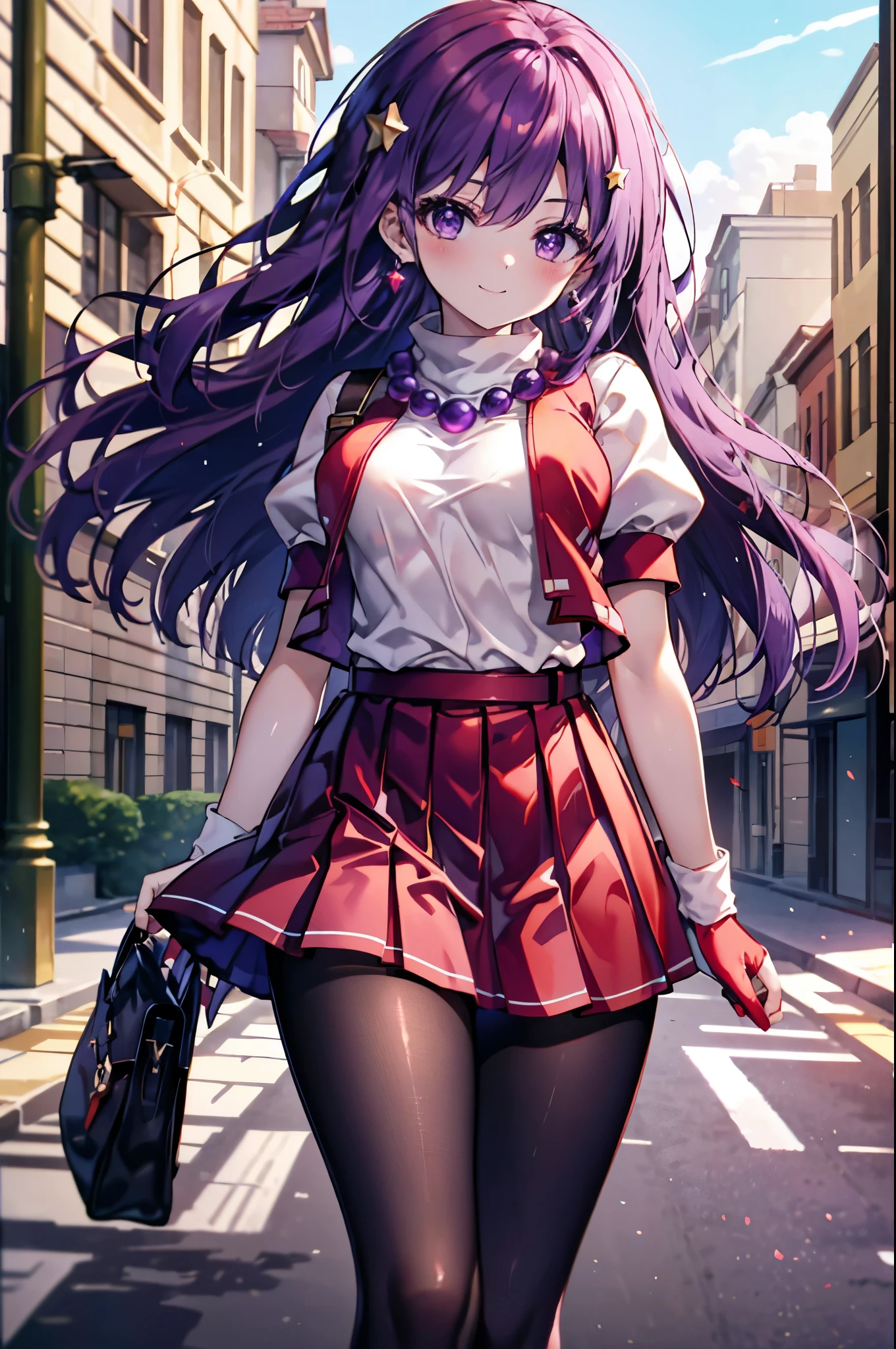 (masterpiece), (highest quality), (Super detailed), intricate details, athena 97, 1 girl, alone, purple eyes, purple hair, long hair, white earrings, red hair band, star hair ornament, Medium breath, red vest, white turtleneck, white puffy sleeves, short sleeve, red pleated skirt, (deep red pantyhose:1.2), black pantyhose, yellow belt, purple spherical necklace, red fingerless gloves, white short socks, red shoes,   (outdoor), photo shoot, smile, blush, Sunny, NSFW, cowboy shot, blurred background, street background,