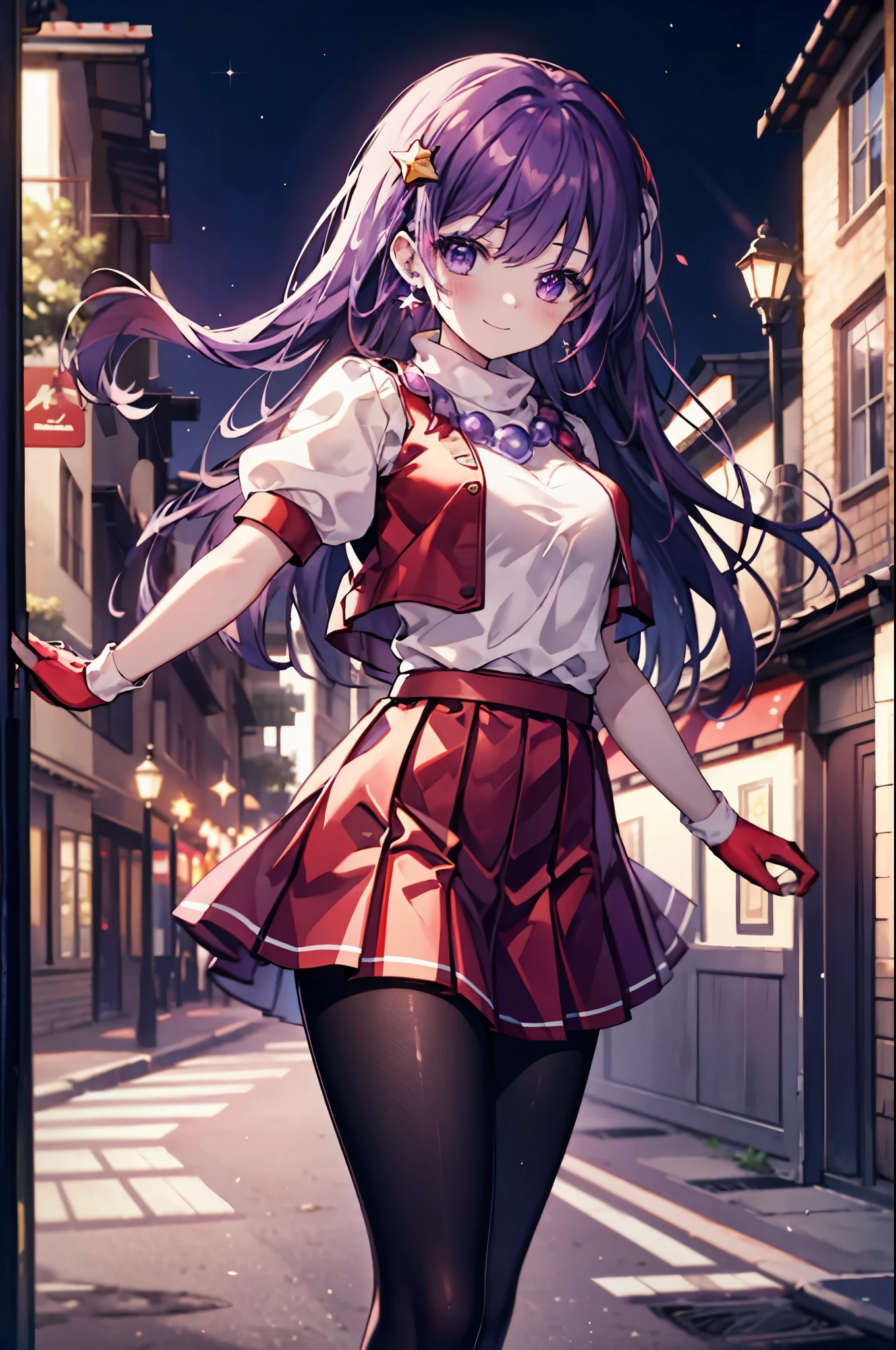 (masterpiece), (highest quality), (Super detailed), intricate details, athena 97, 1 girl, alone, purple eyes, purple hair, long hair, white earrings, red hair band, star hair ornament, Medium breath, red vest, white turtleneck, white puffy sleeves, short sleeve, red pleated skirt, (deep red pantyhose:1.2), black pantyhose, yellow belt, purple spherical necklace, red fingerless gloves, white short socks, red shoes, (outdoor), photo shoot, smile, blush, Sunny, NSFW, cowboy shot, blurred background, street background,