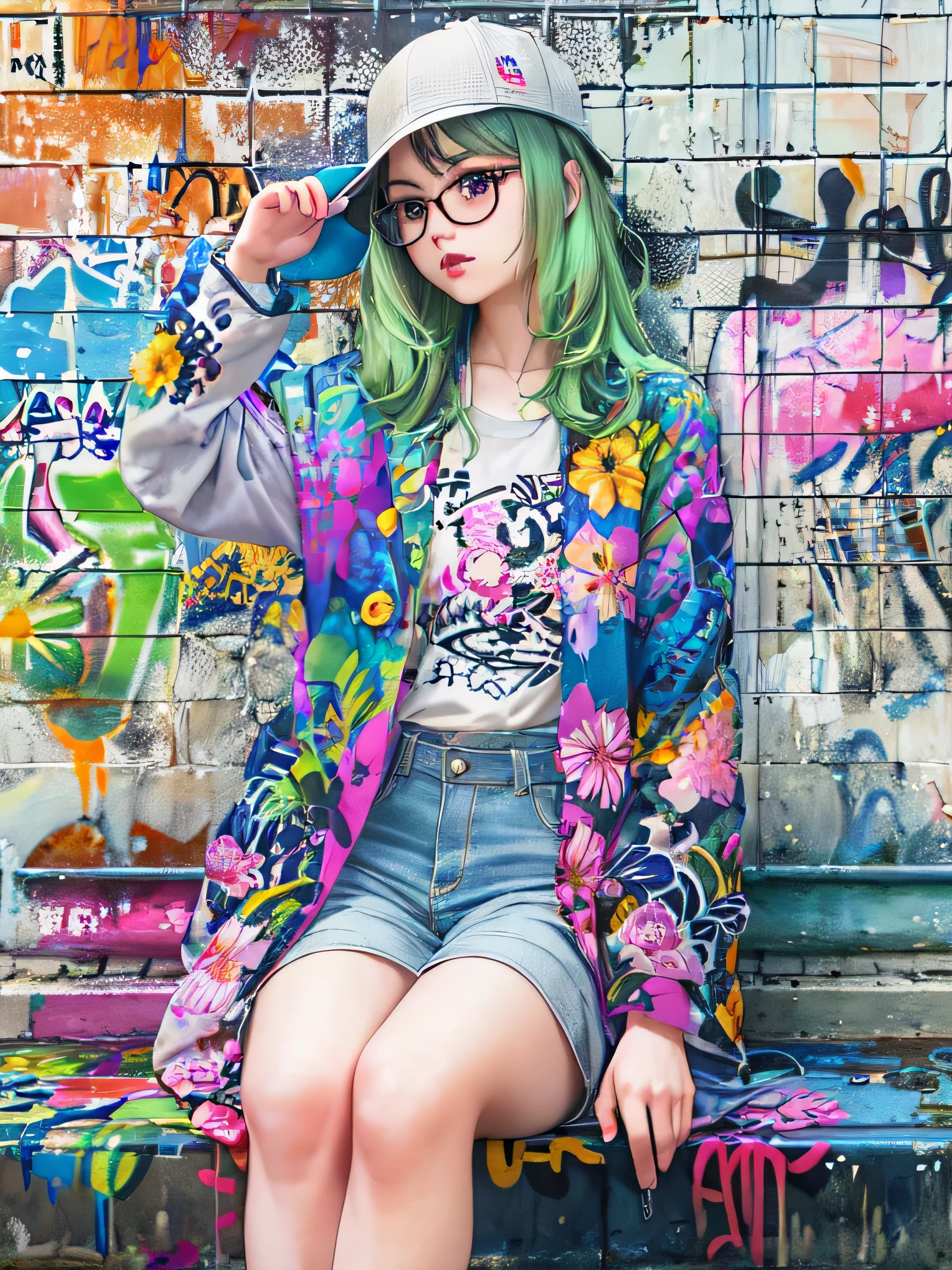8K quality, watercolor painting, stylish design, (((The strongest beautiful girl of all time))), (((Japanese)))、Idol、clear, stylish glasses, Fashionable hats, (((highest quality))), bob hair, put your hand on the wall, HDR, ((Detailed details)), stylish fashion, detailed clothing texture, (((graffiti art))), colorful hair, ((masterpiece))、((Super detailed))、colorful flowers、sit on a bench