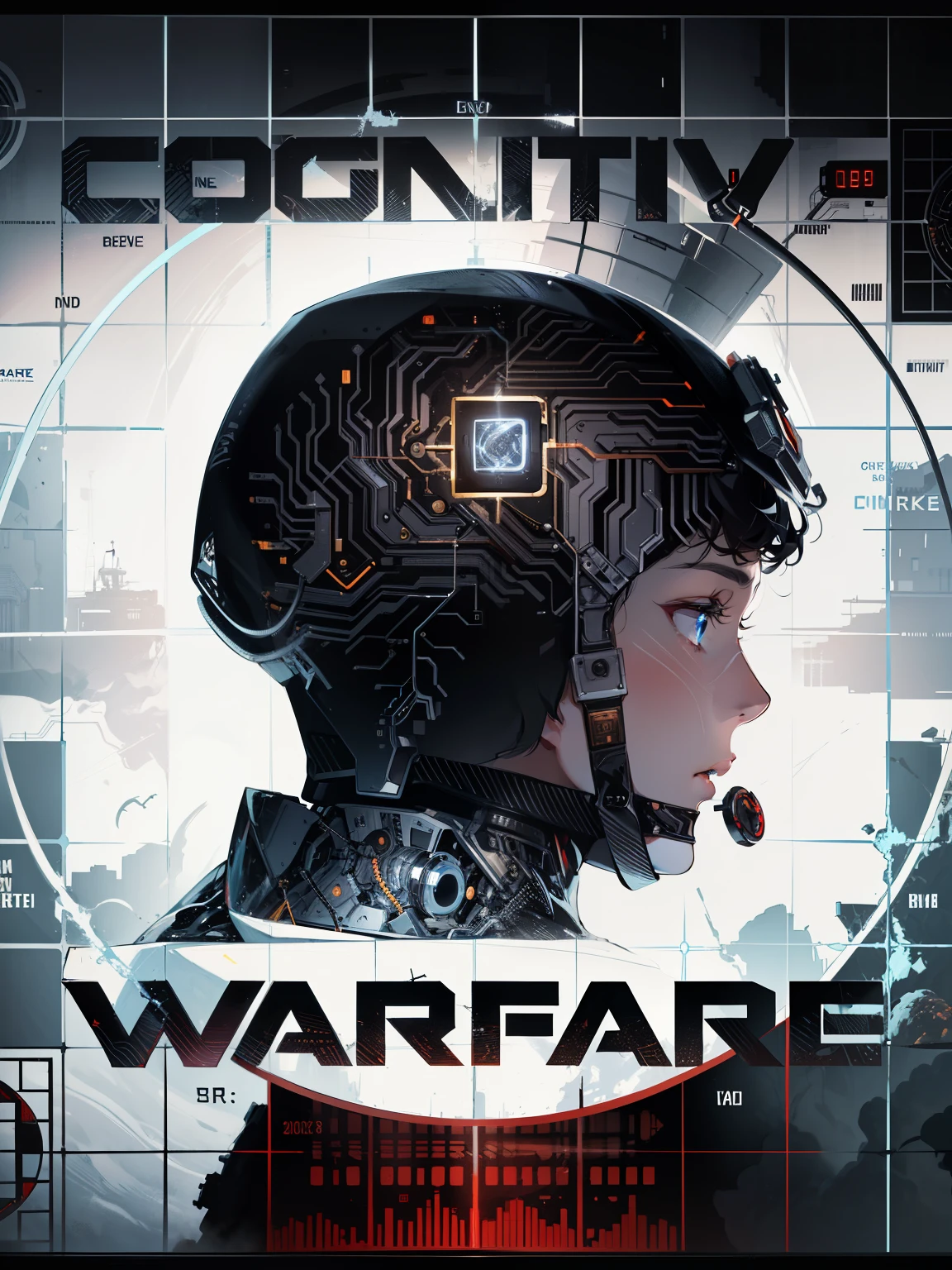(highly detailed:1.2)
A close-up of a male head with circuitry in the middle, depicting a warfare fare. The core of the warfare is represented by the digital elements of pgate and cyber warfare. The composition evokes a negative and dystopian atmosphere, reflecting the complexities of the industrial complex of biomachine warfare against humanity. The image showcases the intensity of the battle and the inner workings of the mind, as it explores the realms of cognition and the potential hazards it entails. The presence of the company's influence is hinted at, adding another layer of tension to the scene. The artwork exudes a clever and intellectual theme, combining the aesthetics of box art with an emphasis on intelligent design. The color palette and lighting work together to enhance the overall impact of the piece, evoking a sense of intrigue and depth.