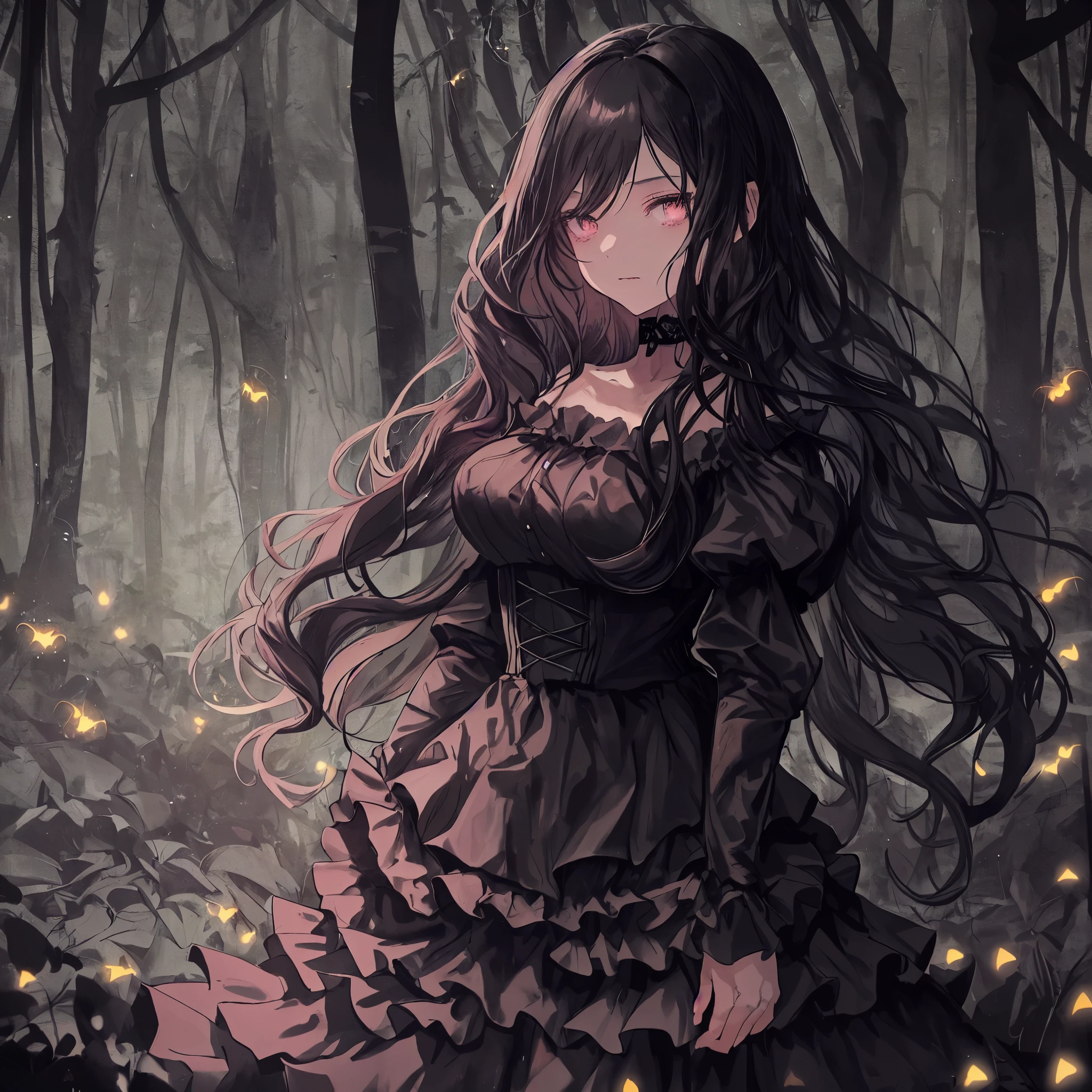A young women standing alone in the dark woods, (black hair), beautiful face, impassive expression, long wavy hair, pink lips, (dark brown eyes), fair skin, , hourglass body type, medium c-cup breasts, gothic style dress, (black dress), high-low skirt, (black skirt), flowing dress, layered skirt, (black choker), lace choker, (black sleeves), detached sleeves, dark atmosphere, night, (surrounded by fireflies), big trees, underbrush, close up, upper body focus