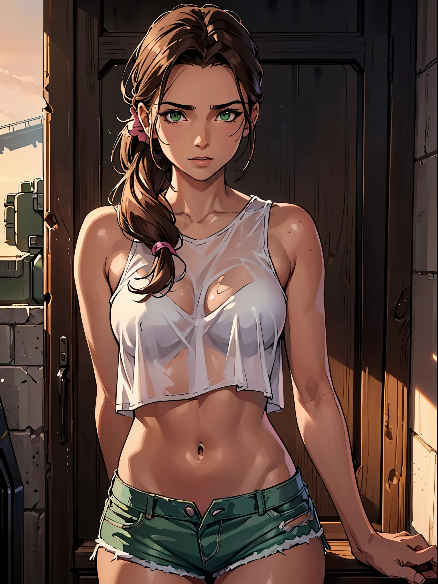 (best quality:1.4),masterpiece,ultra-detailed,delicate features,delicate skin,realism,beautiful lighting,cowboy shot,1girl,brown hair, pony tail,green eyes ,tareme, big , long hair,tanned skin, pink torn top, torn shorts, wasteland, laura croft