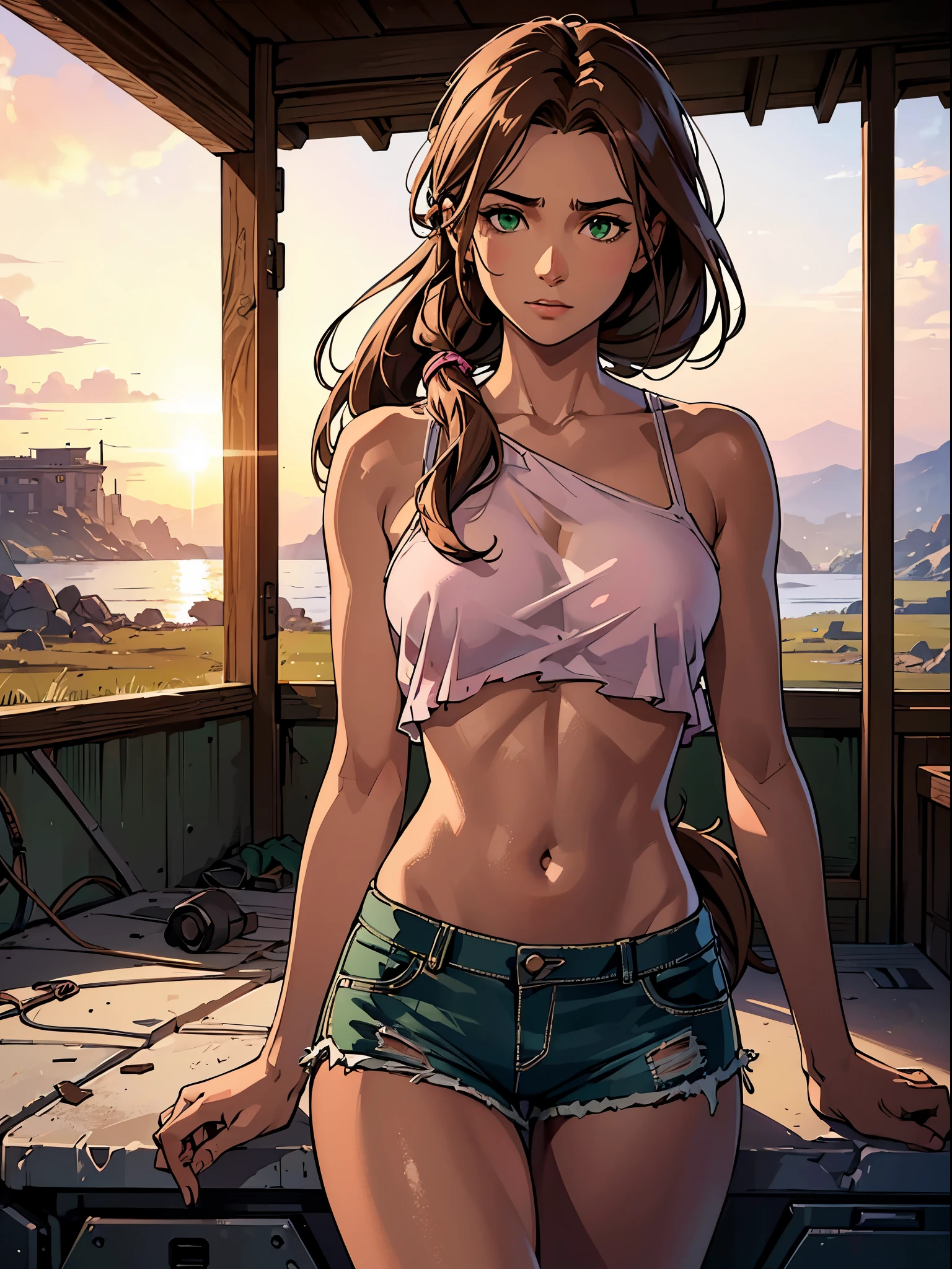 (best quality:1.4),masterpiece,ultra-detailed,delicate features,delicate skin,realism,beautiful lighting,cowboy shot,1girl,brown hair, pony tail,green eyes ,tareme, big , long hair,tanned skin, pink torn top, torn shorts, wasteland, laura croft