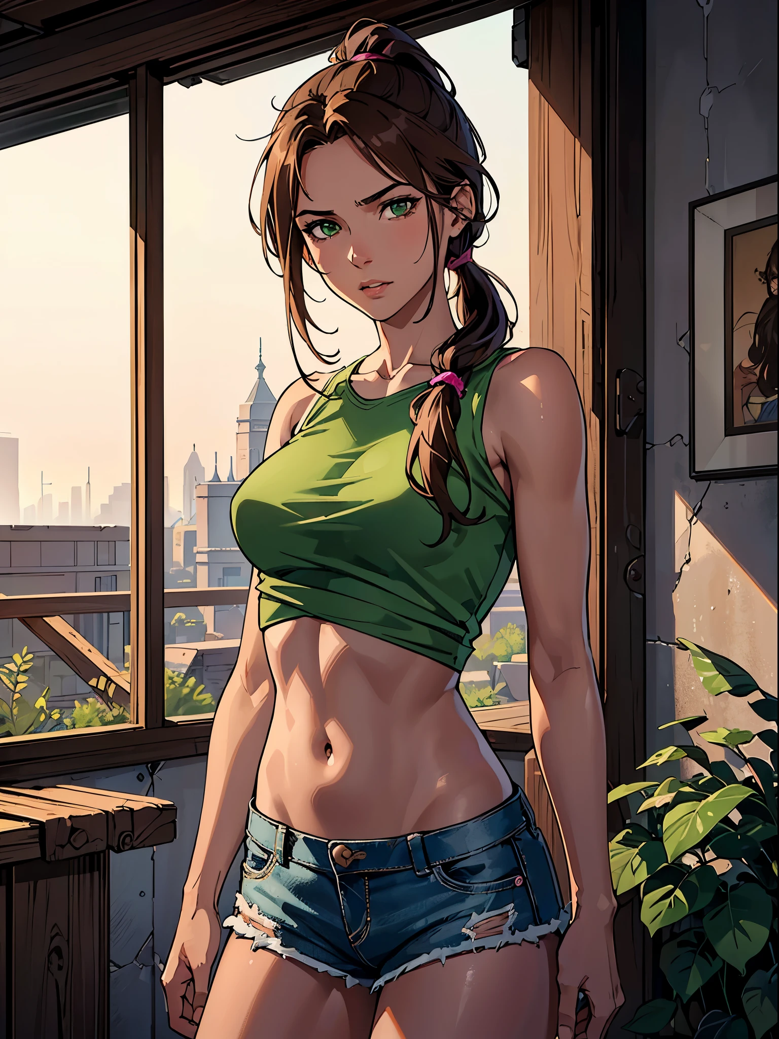 (best quality:1.4),masterpiece,ultra-detailed,delicate features,delicate skin,realism,beautiful lighting,cowboy shot,1girl,brown hair, pony tail,green eyes ,tareme, big , long hair,tanned skin, pink torn top, torn shorts, wasteland, laura croft