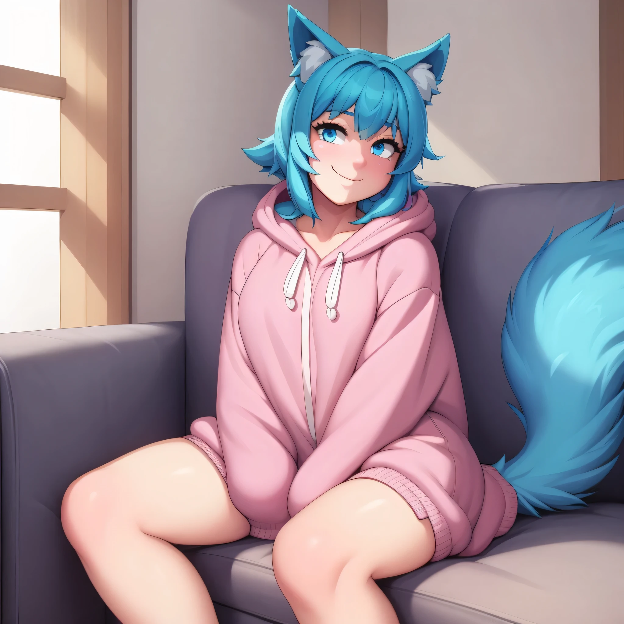 (Masterpiece) (High Detail) (High Res) A close up of A Short Humanoid Girl with pale human skin and blue eyes and long blue hair and blue dog ears and a fluffy blue dog tail and medium breasts. She is sitting on a sofa and is wearing a comfy baggy onesie. She looks happy. 