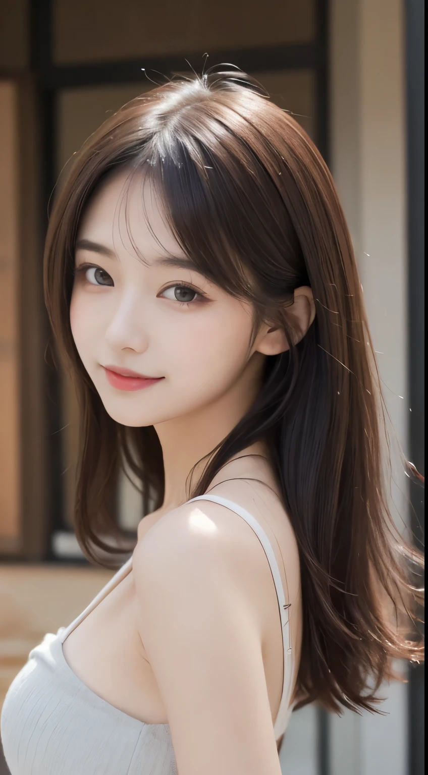 table top, highest quality, figure, super detailed, finely, High resolution, 8k wallpaper, 完璧なダイナミックな構figure, detailed and beautiful eyes, Women's Fashion Spring、medium hair,small breasts natural color lip,smile,Harajuku、20 year old girl、cute、sexy shot looking at camera,gray sexy dress