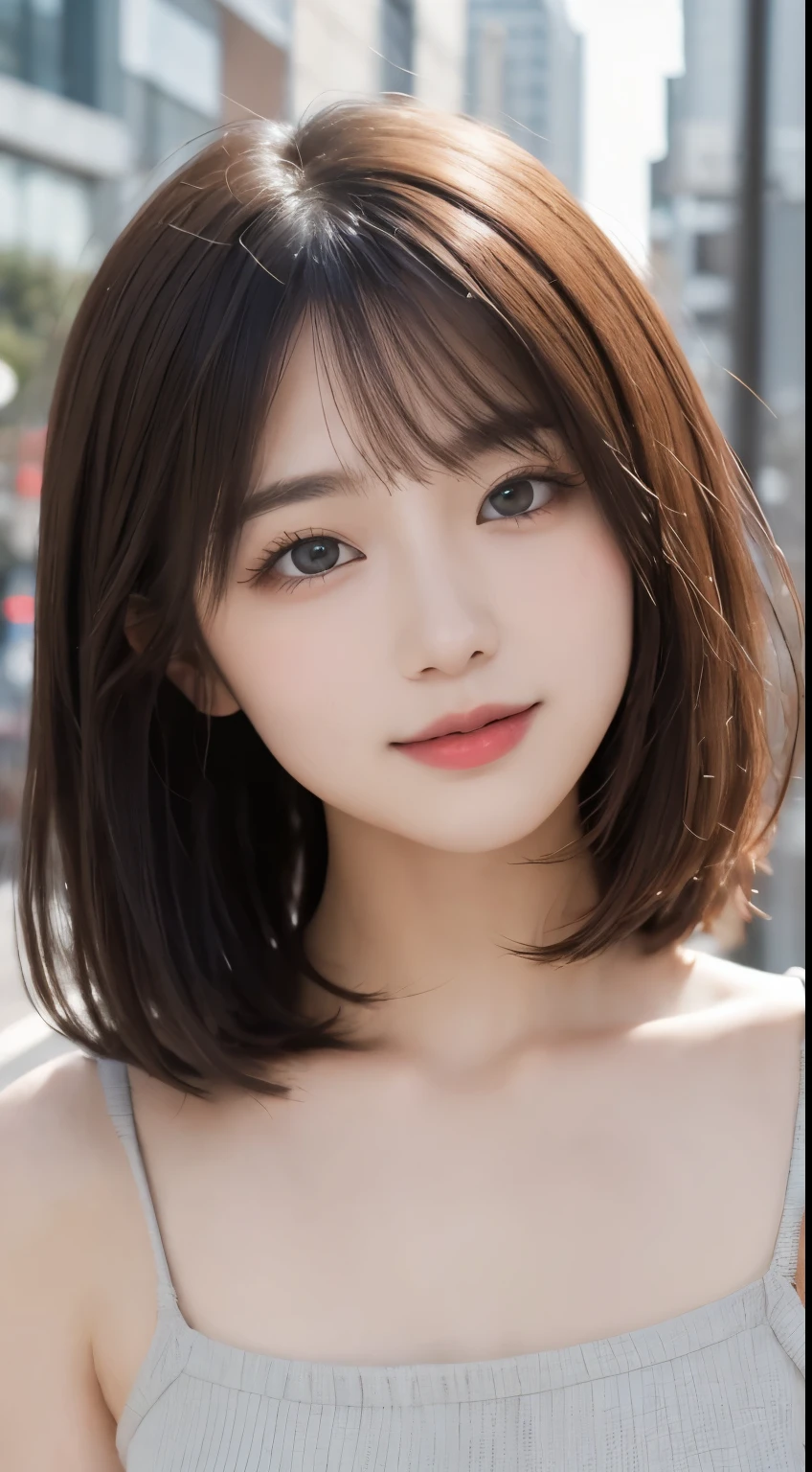 table top, highest quality, figure, super detailed, finely, High resolution, 8k wallpaper, 完璧なダイナミックな構figure, detailed and beautiful eyes, Women's Fashion Spring、medium hair,small breasts natural color lip,smile,Harajuku、20 year old girl、cute、sexy shot looking at camera,gray sexy dress