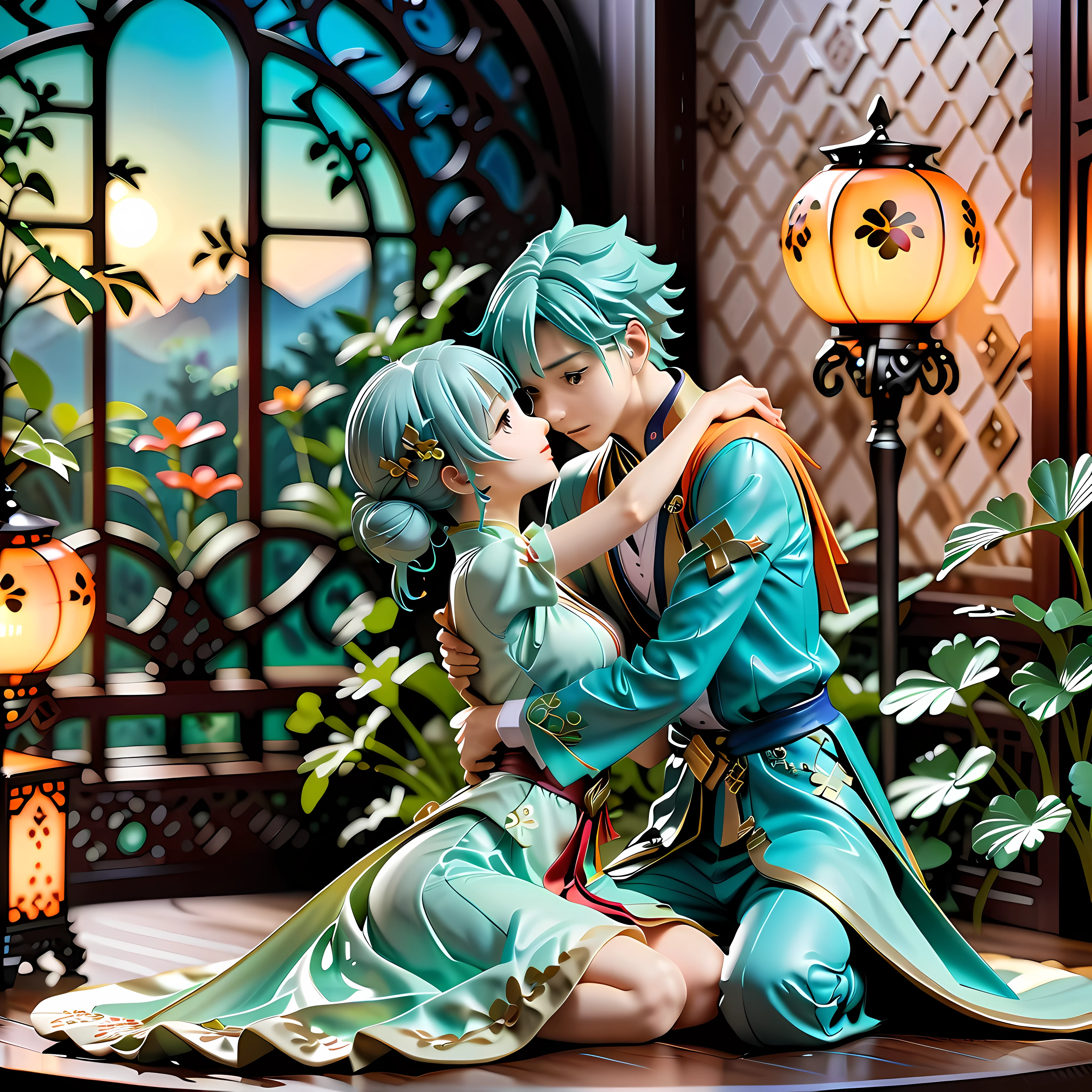 Long-distance lovers reunite in the second dimension, Emotions intertwined, with tears in eyes. hug each other lovingly, blurred background, Highlight emotional focus. Japanese animation style, delicate lines, pastel colors, Create a romantic and warm atmosphere. Princess and Knight theme, elegant clothing, Beautiful accessories, Show off the character. official art concept, Attention to detail, Highlight the emotional depth of the story