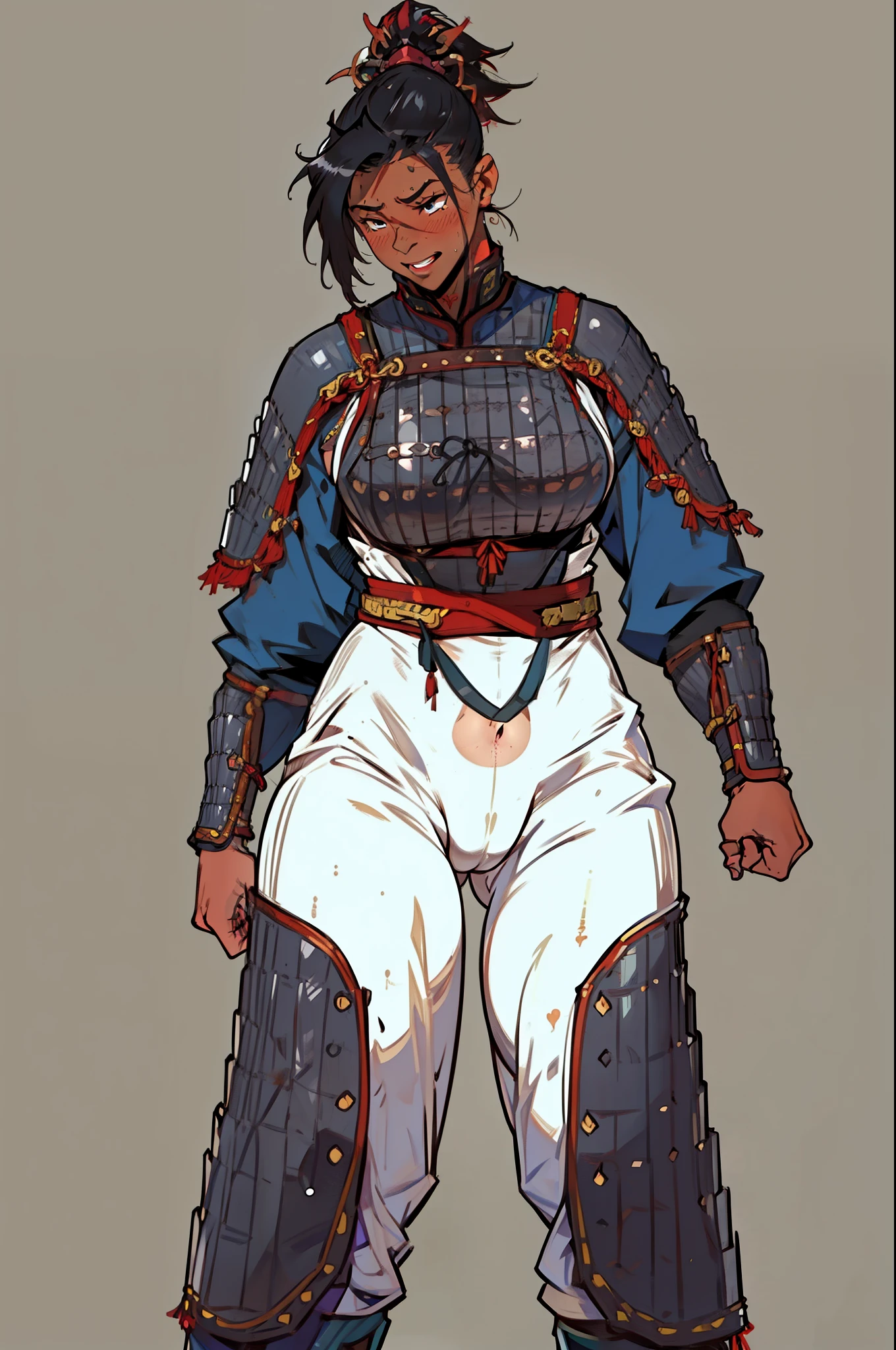 (high resolution, pixel perfect, gorgeous illustrations), (hyper quality, muste piece, etheric: 1.4), ((1girl)), (((((fighting stance))))), (((((pussy))))), ((tattoo)), ((mature woman)), ((((dark skin)))), ((white_mohawk_hair)), cool atmosphere, ((((orgasm)))), (((blush))), (((((((muscular))))))), ((thick thighs)), (((wide hips))), ((Big breasts that are about to burst)), fighter, (((woman))), ((((wh_chi_armor)))), (((cameltoe))), lewd woman, (shiny skin), sweat, simple background,