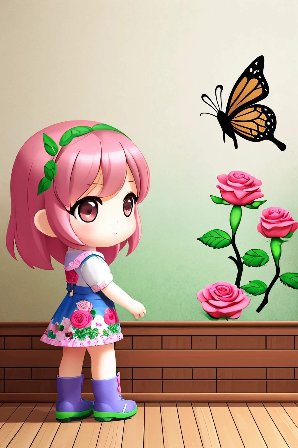 Photoreal、Chibi girl drawing pictures of roses and butterflies on the wall、colorful、