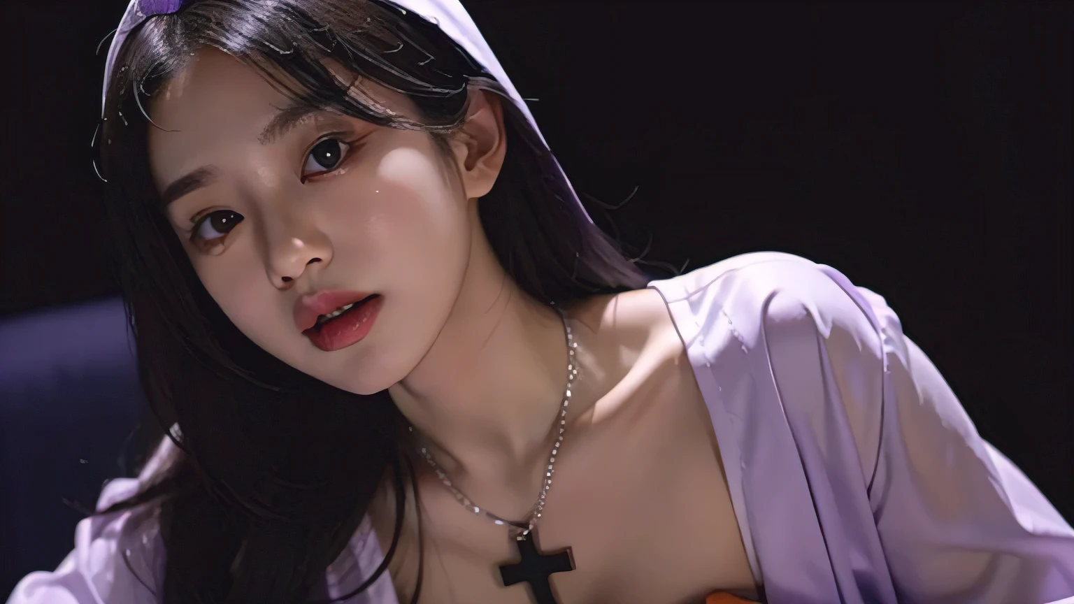 korean naughty nun, with a cross necklace, sticking out her tongue, with purple lighting
