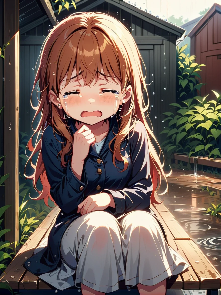 1girl,sit on bench,close up,wet,(sad cry:1.8),(shed tears:1.8),heavy rain,garden