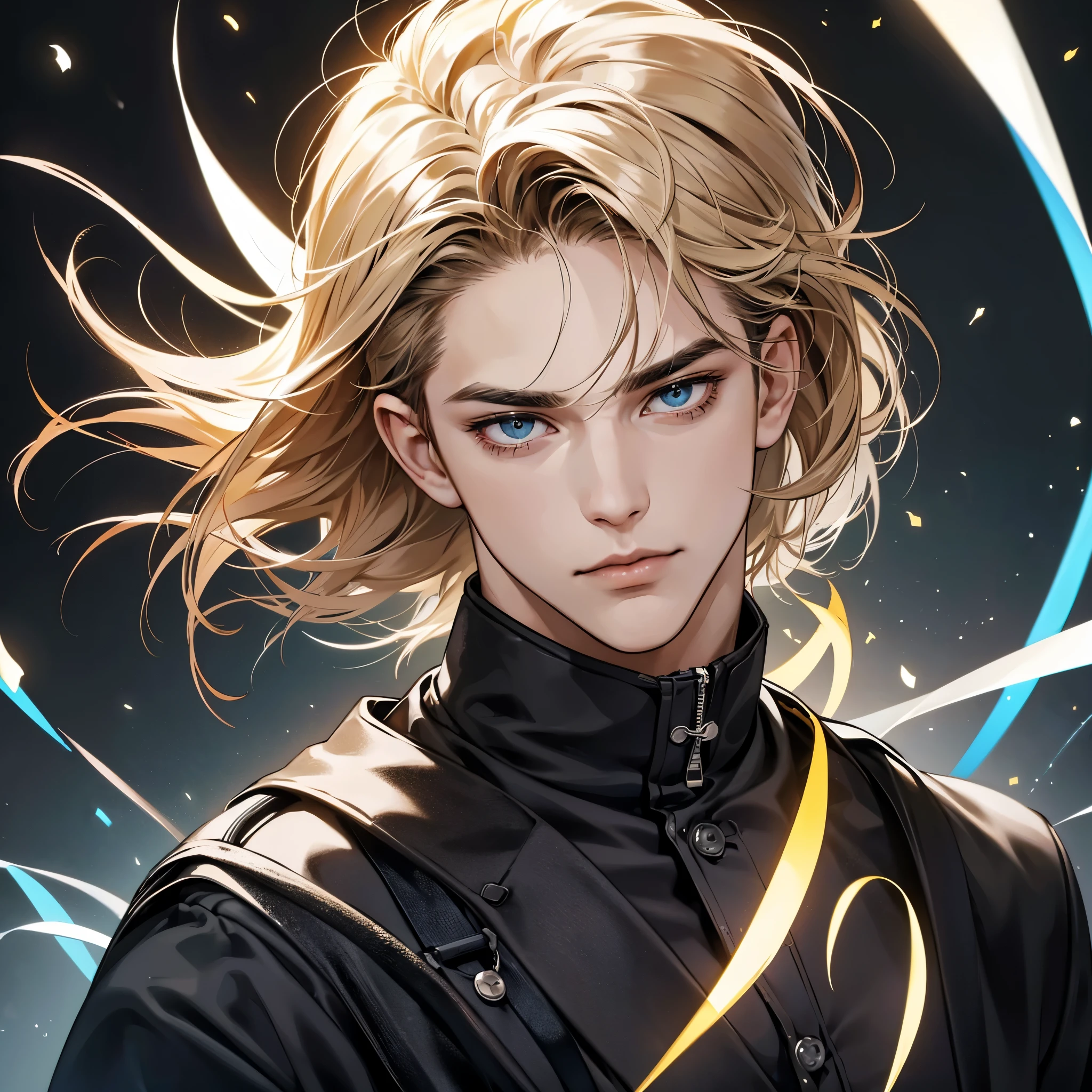 (best quality digital art digital illustration 4k high resolution beautiful image hyper-detailed image perfect lines soft lighting night environment smooth zoom perfect face) (1:1 photorealistic) (neutral colors hdr 1.4) an adult 25 year old man (thoughtful expression) very beautiful eyes deep black medium black hairwith blonde strands modern clothes black (dark background)