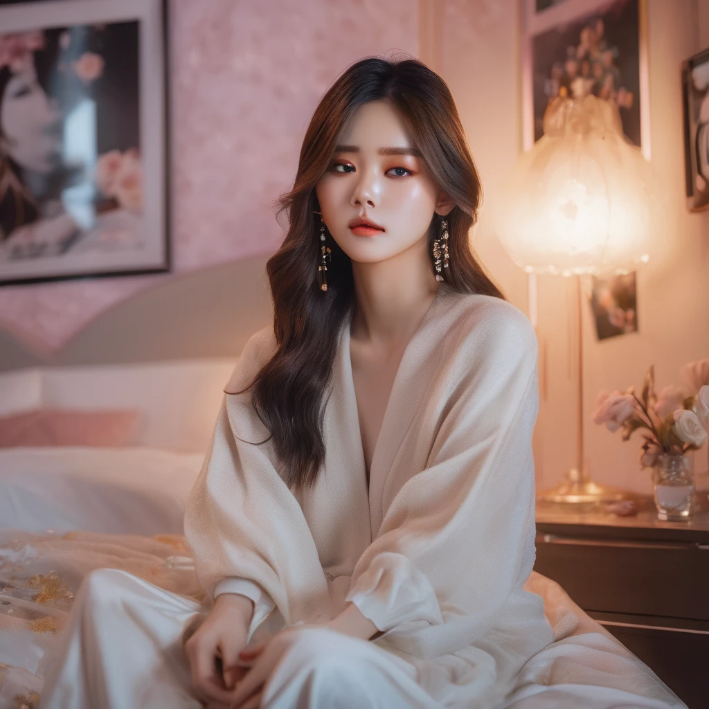 An exceptionally beautiful woman, detailed tears rolling down her cheeks, sitting cross-legged in her luxurious bedroom. She is positioned on her bed, holding a picture of her beloved Kpop Idol in her delicate hands. The room is filled with a soft, ethereal light, casting a gentle glow on her angelic face. The tear stains on her face are visible, emphasizing her raw emotions. The room is adorned with elegant furniture and delicate decorations, reflecting her refined taste. The walls are adorned with art pieces that depict the vibrant Kpop culture. The atmosphere exudes a sense of intimacy and solitude, as if she is lost in her own thoughts. The room is complete with a cozy ambiance, represented by warm tones of light and soft textures. The image quality should be best, with a resolution of 4k or 8k, capturing every intricate detail of her beauty and emotions. The overall style should be realistic and photorealistic, capturing the essence of this emotional moment in stunning detail.