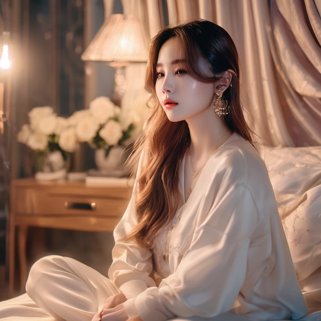 An exceptionally beautiful woman, detailed tears rolling down her cheeks, sitting cross-legged in her luxurious bedroom. She is positioned on her bed, holding a picture of her beloved Kpop Idol in her delicate hands. The room is filled with a soft, ethereal light, casting a gentle glow on her angelic face. The tear stains on her face are visible, emphasizing her raw emotions. The room is adorned with elegant furniture and delicate decorations, reflecting her refined taste. The walls are adorned with art pieces that depict the vibrant Kpop culture. The atmosphere exudes a sense of intimacy and solitude, as if she is lost in her own thoughts. The room is complete with a cozy ambiance, represented by warm tones of light and soft textures. The image quality should be best, with a resolution of 4k or 8k, capturing every intricate detail of her beauty and emotions. The overall style should be realistic and photorealistic, capturing the essence of this emotional moment in stunning detail.