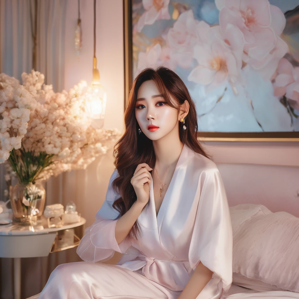 An exceptionally beautiful woman, detailed tears rolling down her cheeks, sitting cross-legged in her luxurious bedroom. She is positioned on her bed, holding a picture of her beloved Kpop Idol in her delicate hands. The room is filled with a soft, ethereal light, casting a gentle glow on her angelic face. The tear stains on her face are visible, emphasizing her raw emotions. The room is adorned with elegant furniture and delicate decorations, reflecting her refined taste. The walls are adorned with art pieces that depict the vibrant Kpop culture. The atmosphere exudes a sense of intimacy and solitude, as if she is lost in her own thoughts. The room is complete with a cozy ambiance, represented by warm tones of light and soft textures. The image quality should be best, with a resolution of 4k or 8k, capturing every intricate detail of her beauty and emotions. The overall style should be realistic and photorealistic, capturing the essence of this emotional moment in stunning detail.