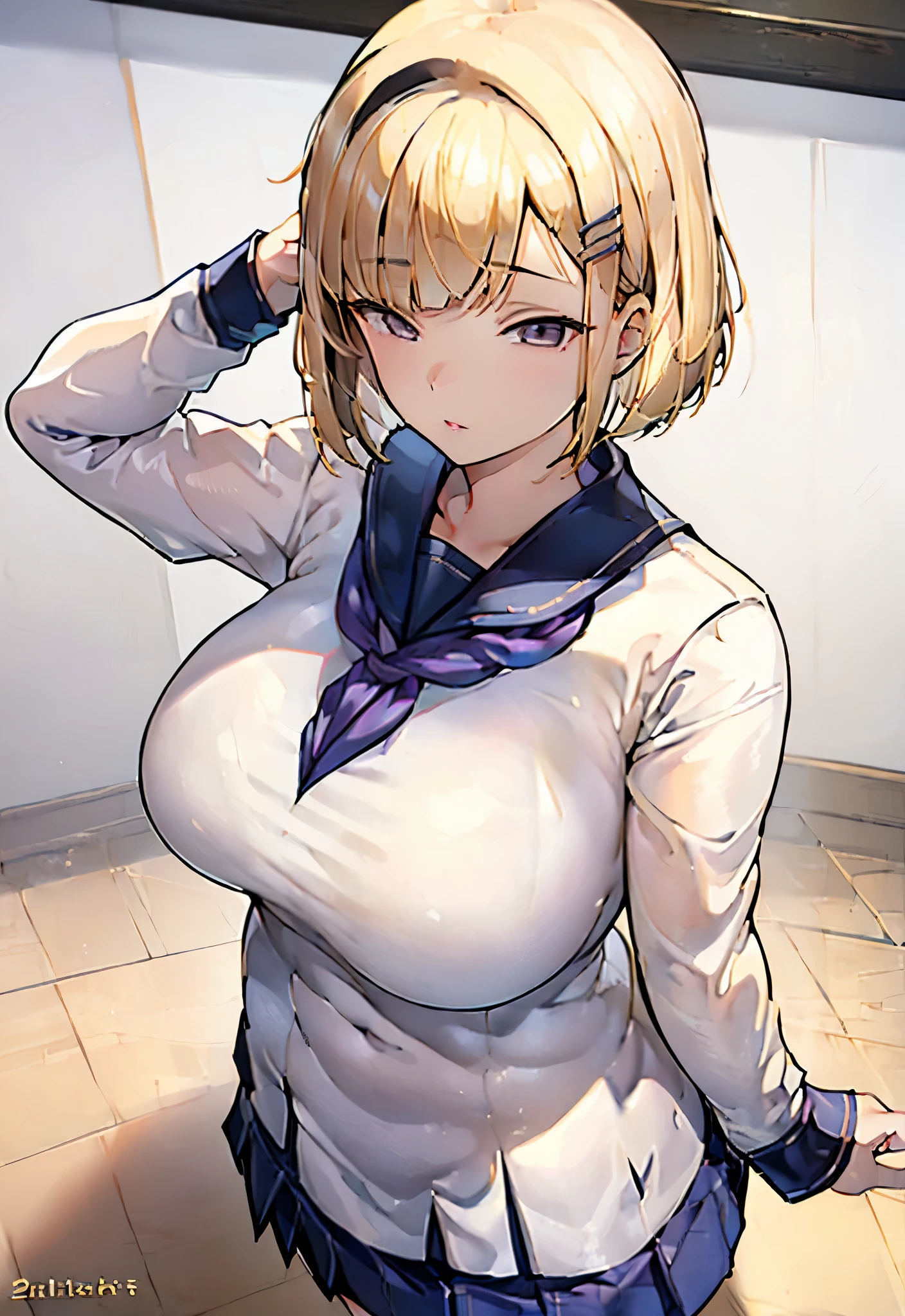 (((school uniform))),((blonde hair)),(huge breats),"(perfect masterpiece:1.2), (highest quality:1.2), stunning face, mature and chubby, compensate, long and luxurious eyelashes, lip whole, irresistible charisma.",((())),(((very short hair))),(((hair between eyes ))),hairclip ,arms up,lip,mature female