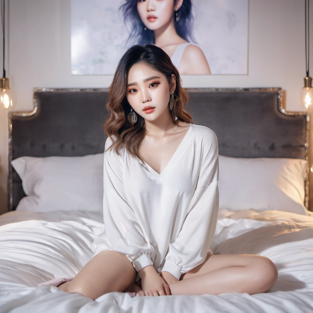 Cool beauty,Looks sweet,red hair (wearing white oversize t-shirt, off-shoulders), show clavage, show big thigh, plump body, huge breast, full body photo, sitting on the bed. Dark background. Curvy body, bustymody, doggystyle