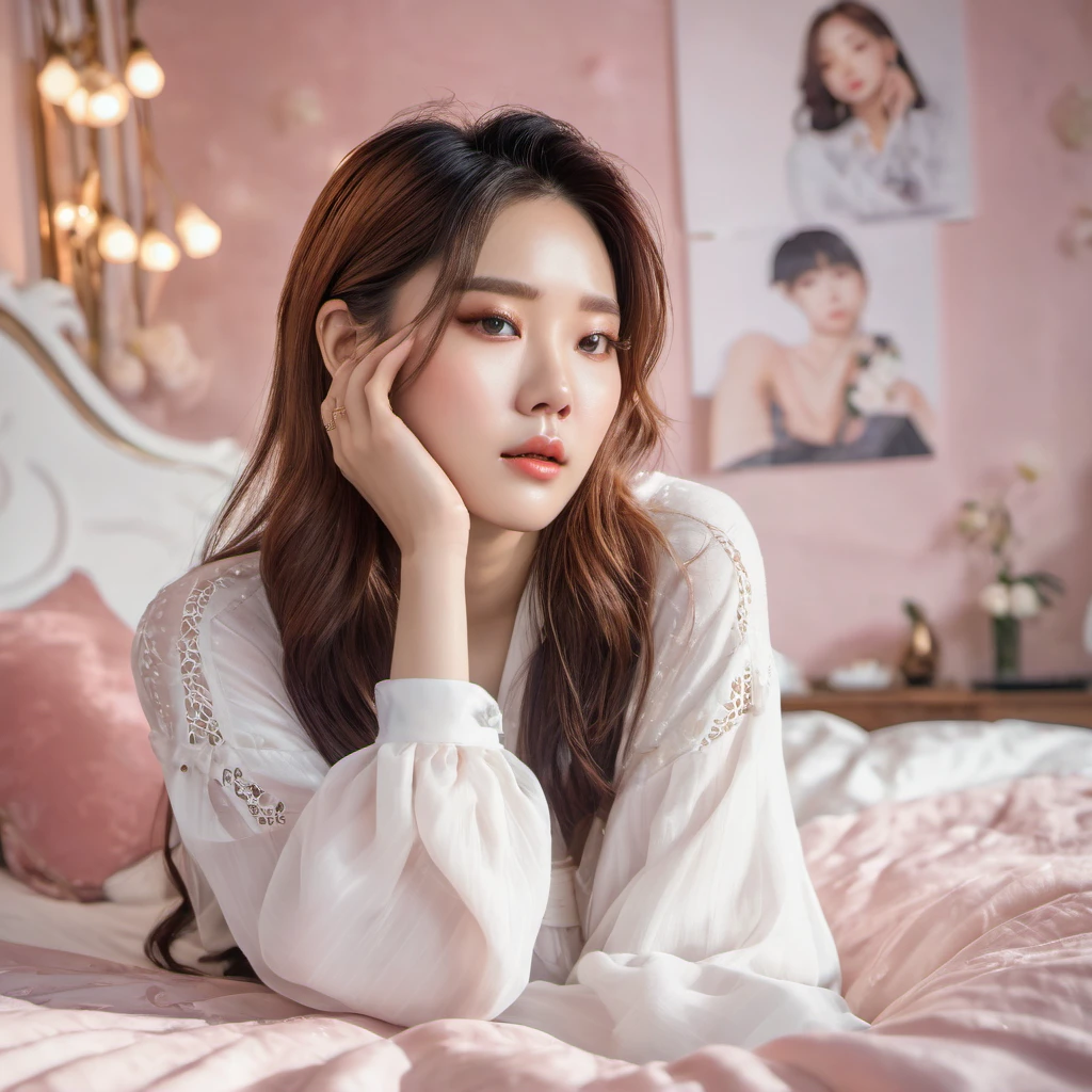 An exceptionally beautiful woman, detailed tears rolling down her cheeks, sitting cross-legged in her luxurious bedroom. She is positioned on her bed, holding a picture of her beloved Kpop Idol in her delicate hands. The room is filled with a soft, ethereal light, casting a gentle glow on her angelic face. The tear stains on her face are visible, emphasizing her raw emotions. The room is adorned with elegant furniture and delicate decorations, reflecting her refined taste. The walls are adorned with art pieces that depict the vibrant Kpop culture. The atmosphere exudes a sense of intimacy and solitude, as if she is lost in her own thoughts. The room is complete with a cozy ambiance, represented by warm tones of light and soft textures. The image quality should be best, with a resolution of 4k or 8k, capturing every intricate detail of her beauty and emotions. The overall style should be realistic and photorealistic, capturing the essence of this emotional moment in stunning detail.