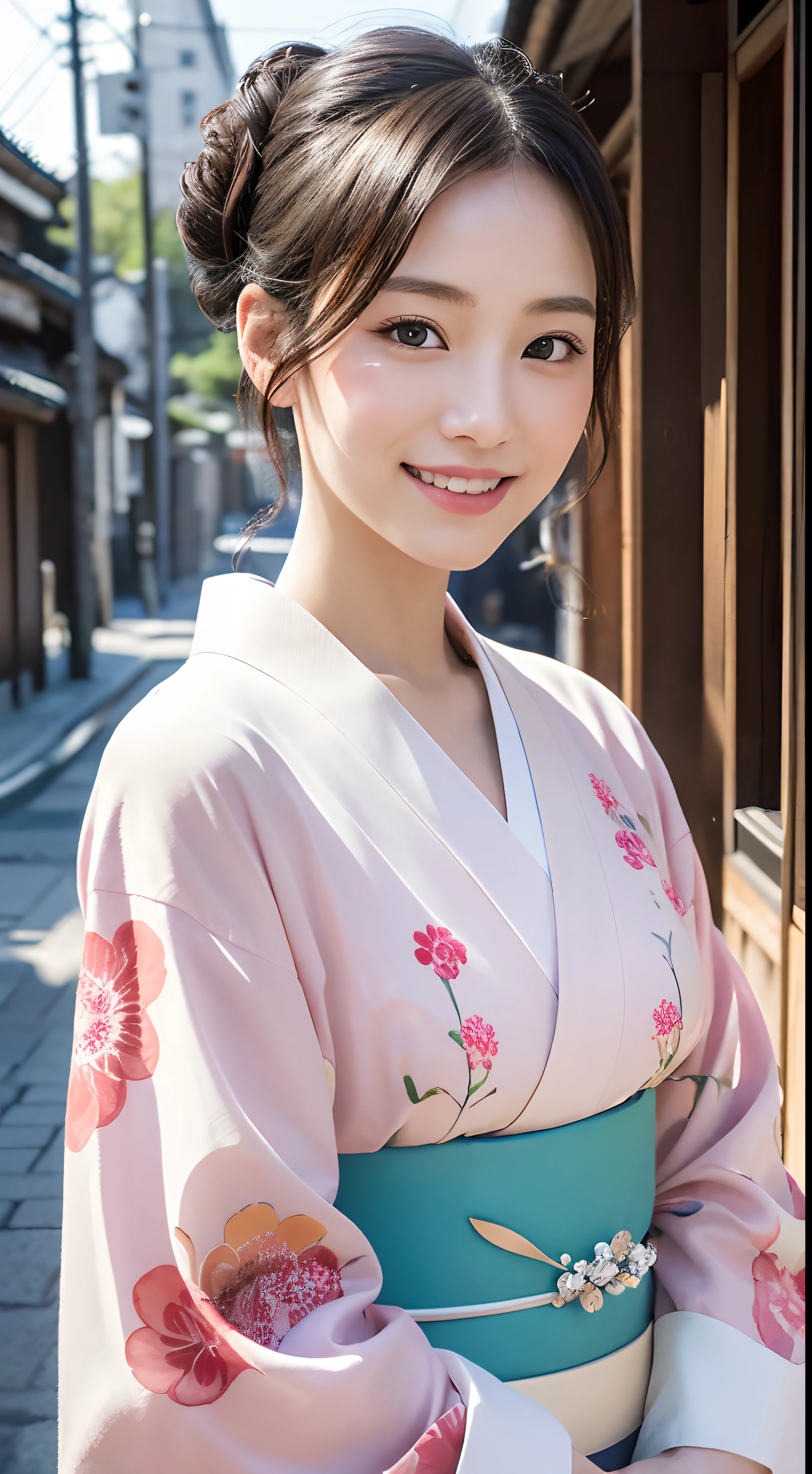 professional lighting,(realistic:1.4), (Top image quality:1.0), (Ultra A high resolution:1.0), 8 thousand, Raw picturey, (masterpiece:0.2), (pure eros face_v1:0.5)、(최고의 quality Detail:1.2)、realistic、8 thousand UHD、highest resolution、(1 girl:1.2)、very detailed、High quality textures、intricate details、Detail、very detailed CG、High quality shadows、Beautiful delicate face with details、Beautiful and delicate eyes with details、(symmetrical eyes:1.2),depth of field、ray tracing,1 girl, japanese girl, (natural smile:1.4),cute, slim, Portrait of a beautiful Japanese woman wearing kimono, Standing in an elegant posture on a street corner in Kyoto. The kimono has vividly expressed traditional patterns.., Hair decorated with elegant and delicate kanzashi, And a gentle expression. (With the old cityscape of Kyoto in the background:1.4)、soft light on a spring afternoon、Add tranquility to the scene. 세부 사항에 세심한 주의를 기울여 realistic 스타일로 렌더링, High-resolution images.sky porn, magic hour, (realistic:1.3), in detail, quality, (table top:1.2), (realistic:1.2), (최고의 quality), (intricate details), dramatic, ray tracing, picture, +Lola