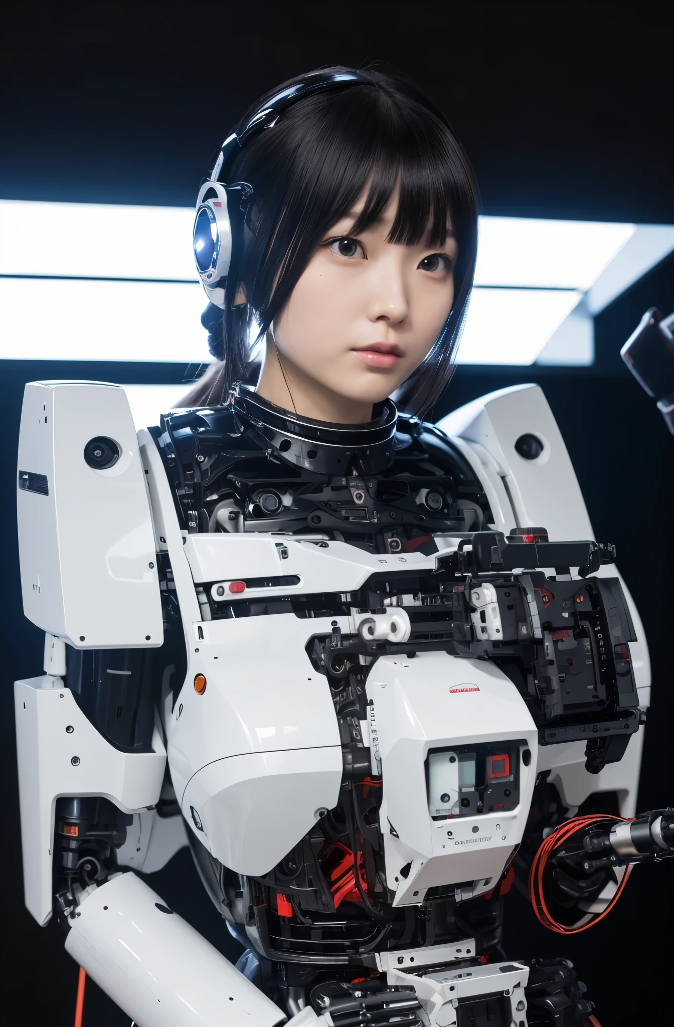 masterpiece, best quality, extremely detailed,  Japaese Cyborg girl,Plump , control panels,android,Droid,Mechanical Hand, Robot arms and legs, Black Robot Parts,Black hair,Mechanical body,Blunt bangs,White robotics parts,perfect robot girl,long tube,thick cable connected her neck,ceramic body ,mechanical body, mechanical ear cover, mechanical costume,android,robot,humanoid,cyborg,japanese android woman ,mechanical chest,full eyes,future laboratory,connecting a cable between the legs,