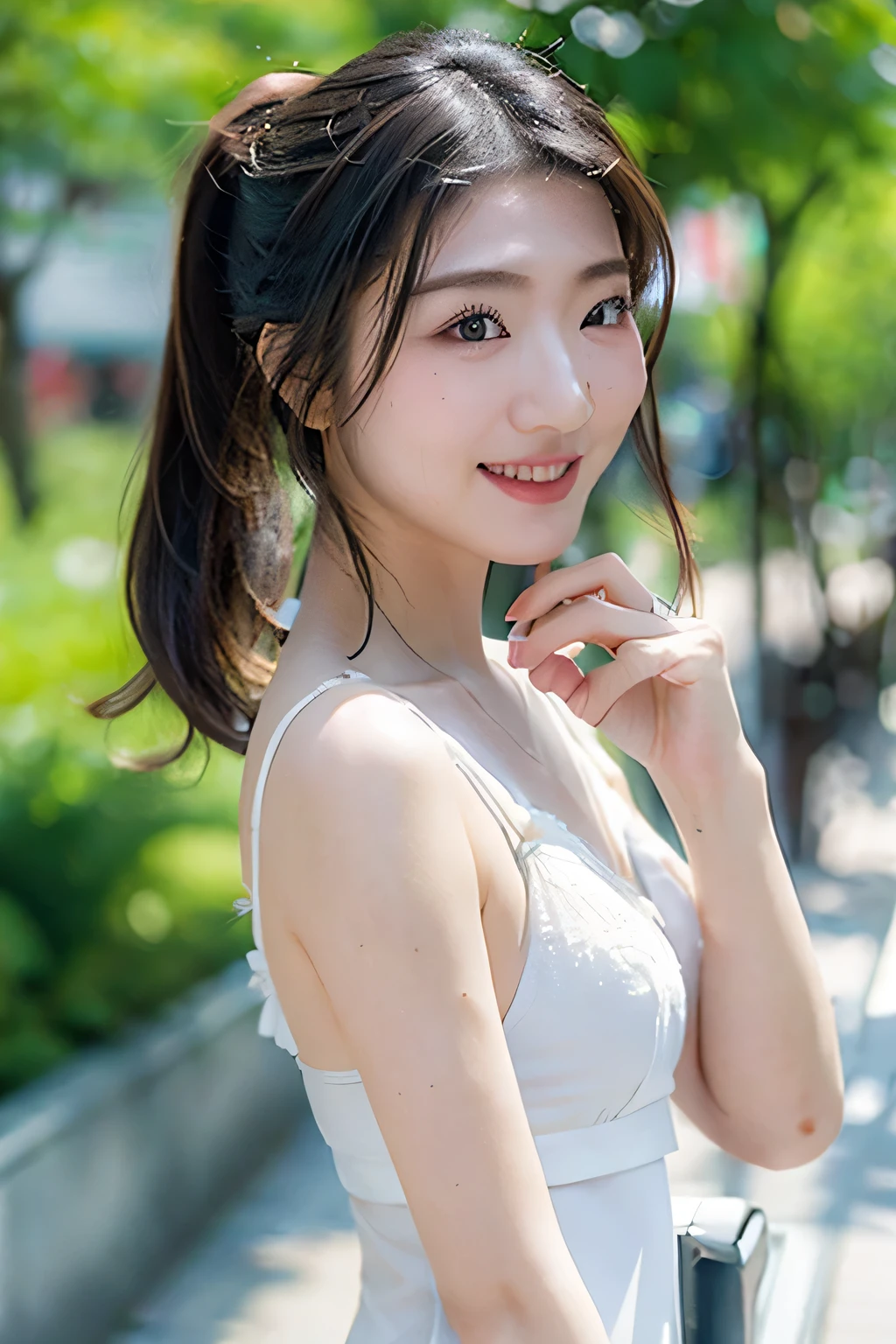 NSFW:1.5,((highest quality、8K resolution、master masterpiece、portrait:1.3)), Photoreal, 35mm film, 1 Japanese female, Upper body,on the street during the day, wrinkles around the eyes, plump body,ponytail,smile,((sexy white lingerie:1.3)) , (outdoor:city street 1.3), jumbled background,look at the audience,Tokyo cityscape:1.3