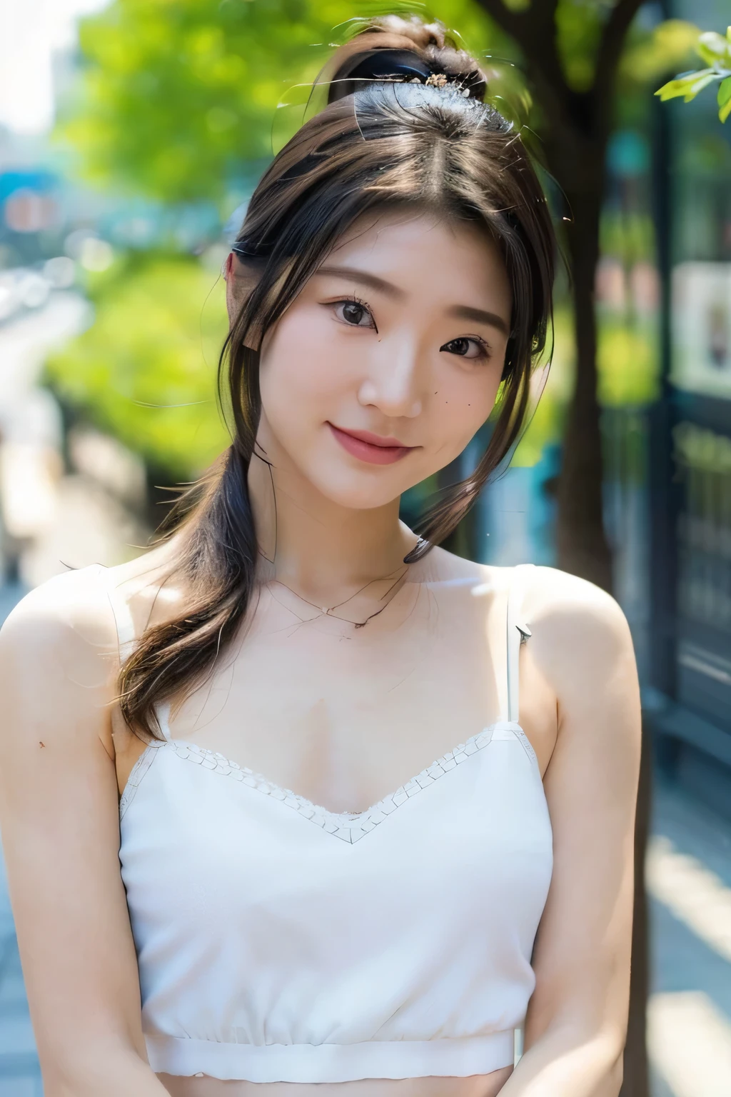 NSFW:1.5,((highest quality、8K resolution、master masterpiece、portrait:1.3)), Photoreal, 35mm film, 1 Japanese female, Upper body,on the street during the day, wrinkles around the eyes, plump body,ponytail,smile,((sexy white lingerie:1.3)) , (outdoor:city street 1.3), jumbled background,look at the audience,Tokyo cityscape:1.3