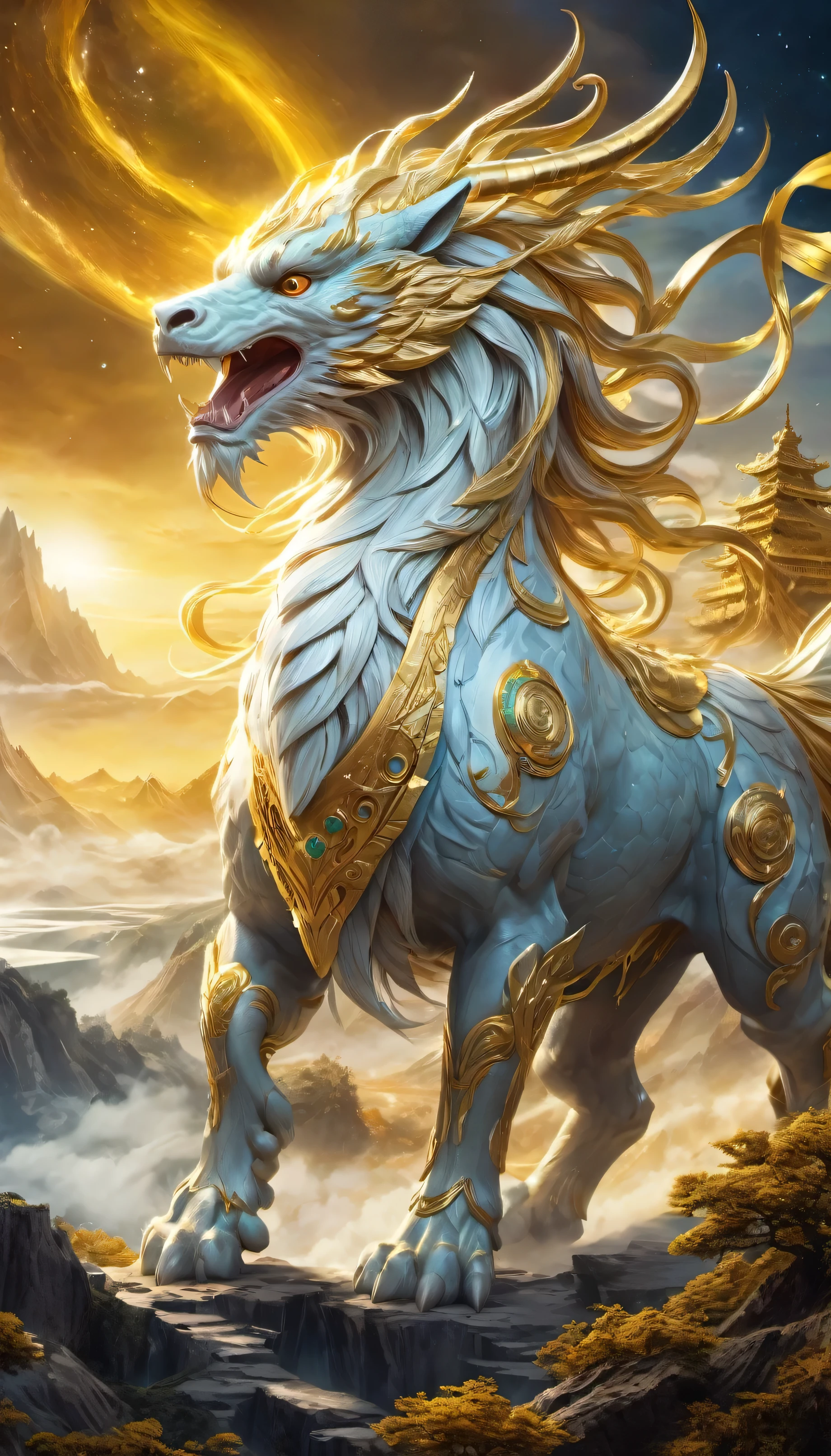 ((Golden:1.4)), (mythical creatures) , (sacred existence), (legendary creatures), (myth), (Kirin), (Xuanwu), (Qinglong), (white lake), (juke), (majestic), (powerful), (Mysteriouythical), (amazing), (magical), (ethereal), (It was magic), (sacred), (majestic), (mythical realm), (Mysteriouyth-like beastyth-like landscape), (sky), (extraordinary), (magic), (otherworldly), (Ancient), (eternal), (majestic), (Spectacular), (awe-inspiring), (universe), (on the sky), (mythical creatures:1.1), (amazing details), (very detailed), (Bright colors), (ethereal light), (amazing scenery), (divine essence), (fascinating), (mythical atmosphere), (masterpiece:1.2), (super detailed), (inspired by god), (wonderful), (ethereal beauty), (mythical storieysterious legends)