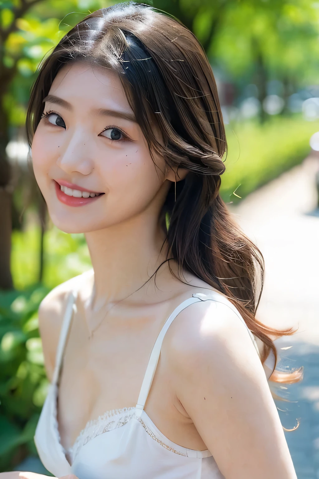 NSFW:1.5,((highest quality、8K resolution、master masterpiece、portrait:1.3)), Photoreal, 35mm film, 1 Japanese female, Upper body,on the street during the day, wrinkles around the eyes, plump body,ponytail,smile,((sexy white lingerie:1.3)) , (outdoor:city street 1.3), jumbled background,look at the audience,Tokyo cityscape:1.3