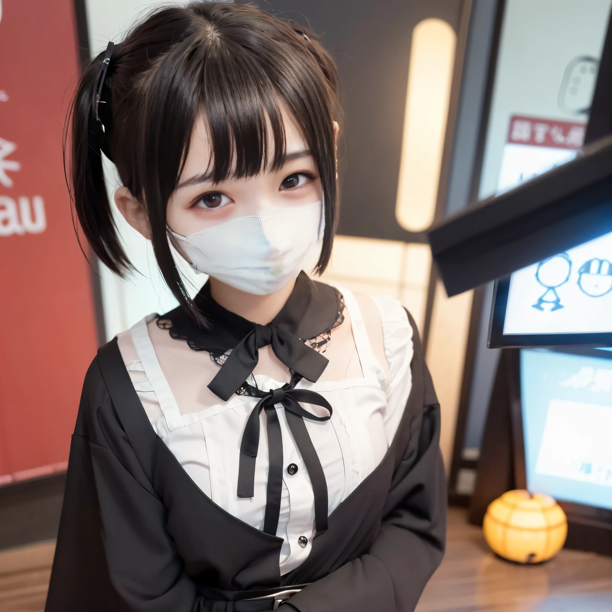 Alafed woman wearing white shirt and black tie and mask, japanese teen portrait, A mix of anime style and Fujifilm, anime girl cosplay, wearing Japanese tech wear, real anime girl, He is wearing a pitch black menpo mask., no face mask, shikamimi, Akihabara style, e-girl, e girl, japanese girl