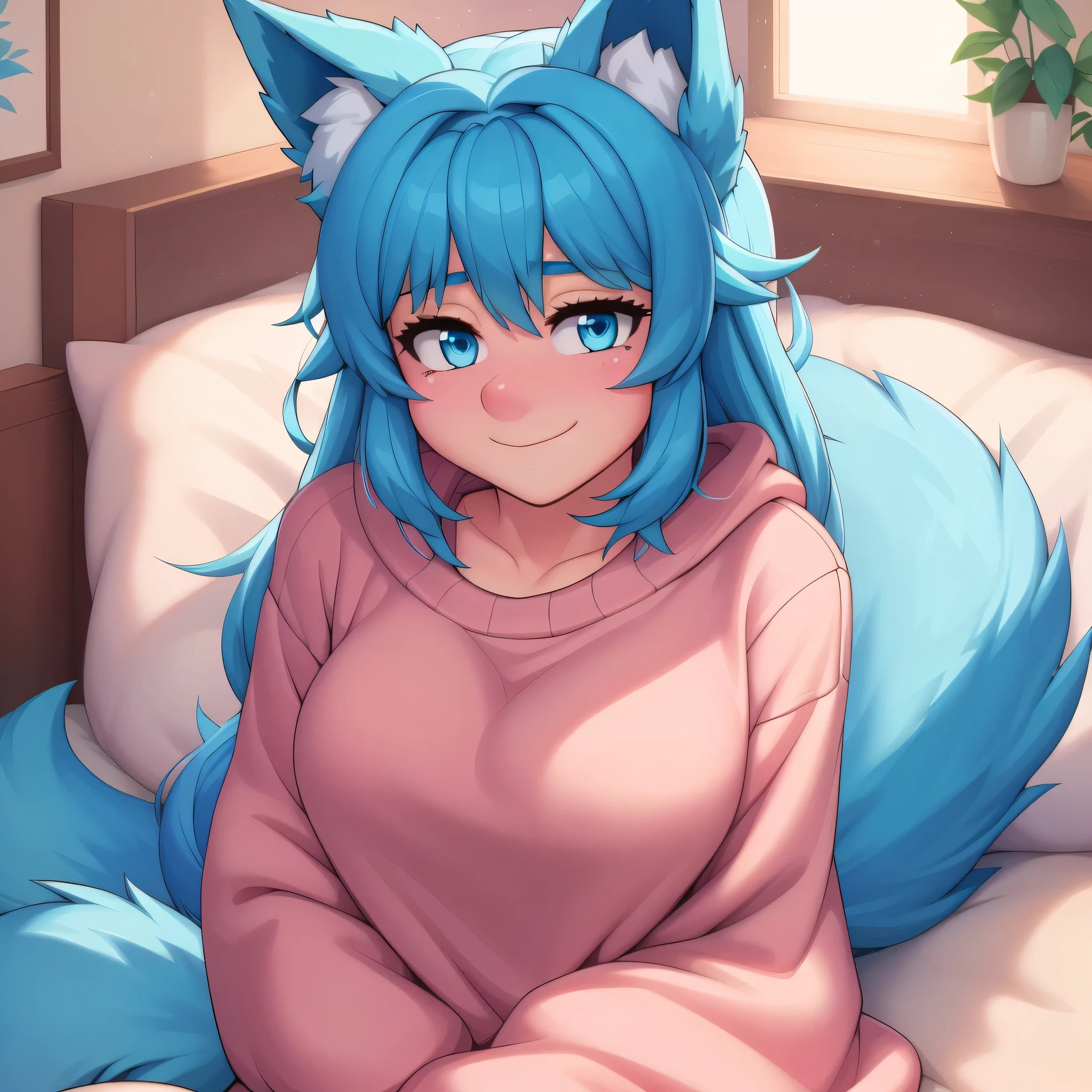 (Masterpiece) (High Detail) (High Res) A close up of A Short Humanoid Girl with pale human skin and blue eyes and long blue hair and blue dog ears and a fluffy blue dog tail and medium breasts and long blue hair. She is only a wearing a comfy fluffy baggy oversized sweater and is cuddled up in her bed. She looks happy.