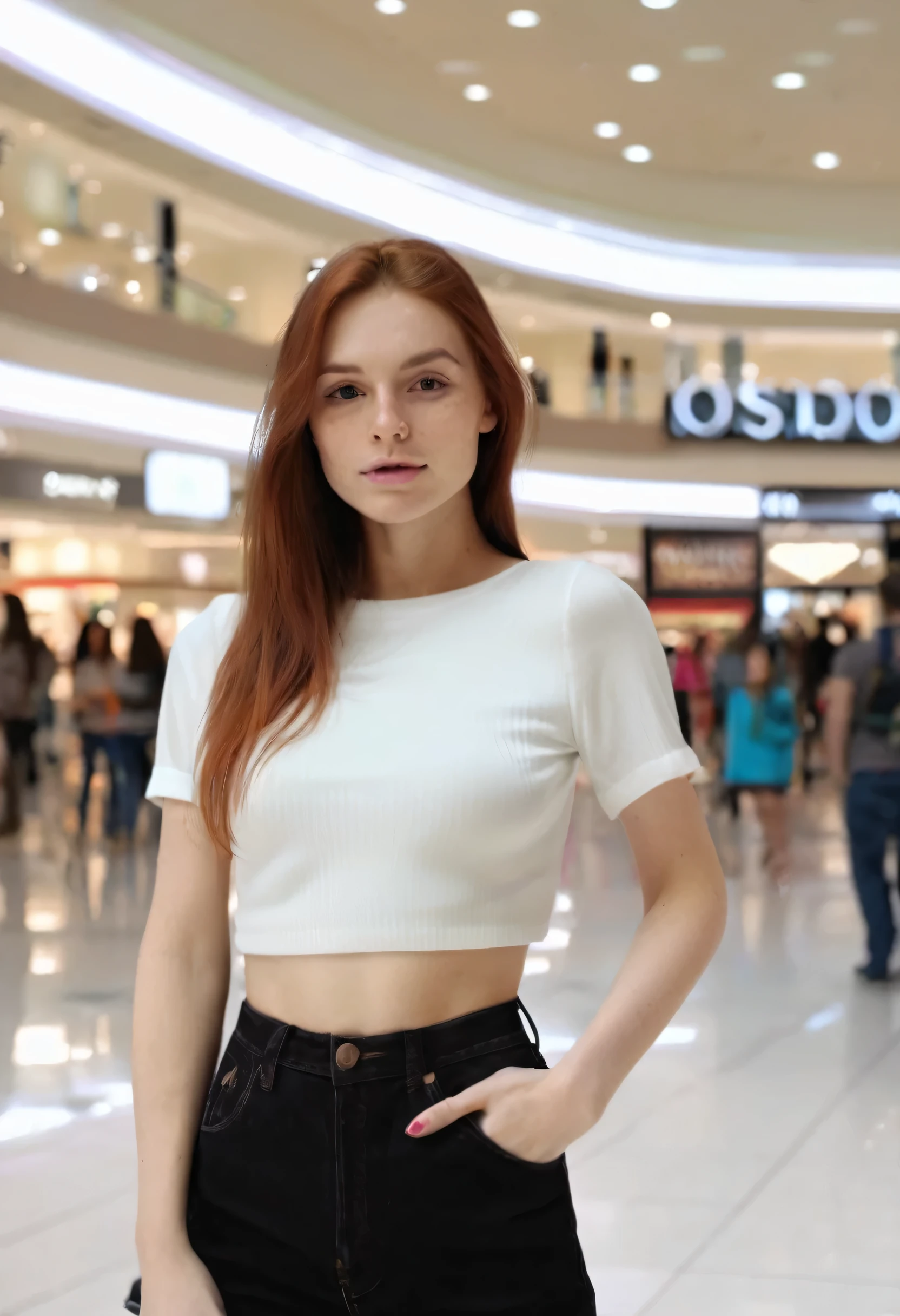 realistic half body selfie in the mall