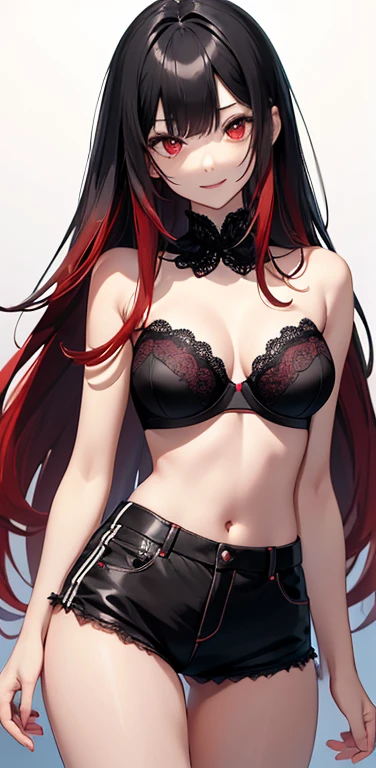 (8K、highest quality、masterpiece:1.2)、anime coloring、super resolution、Realistic、(1girl)  、(black hair to red hair gradient hair,long straight hair:1.5)、(contrapposto),(red eye,glowing eyes),(forehead:1.2),(face focus,upper body),(strapless black lace bra:1.3,black shorts :1.3)、(light smile:1.3),(cute face)、,(flat chest),gradient background、(slender:1.3)、