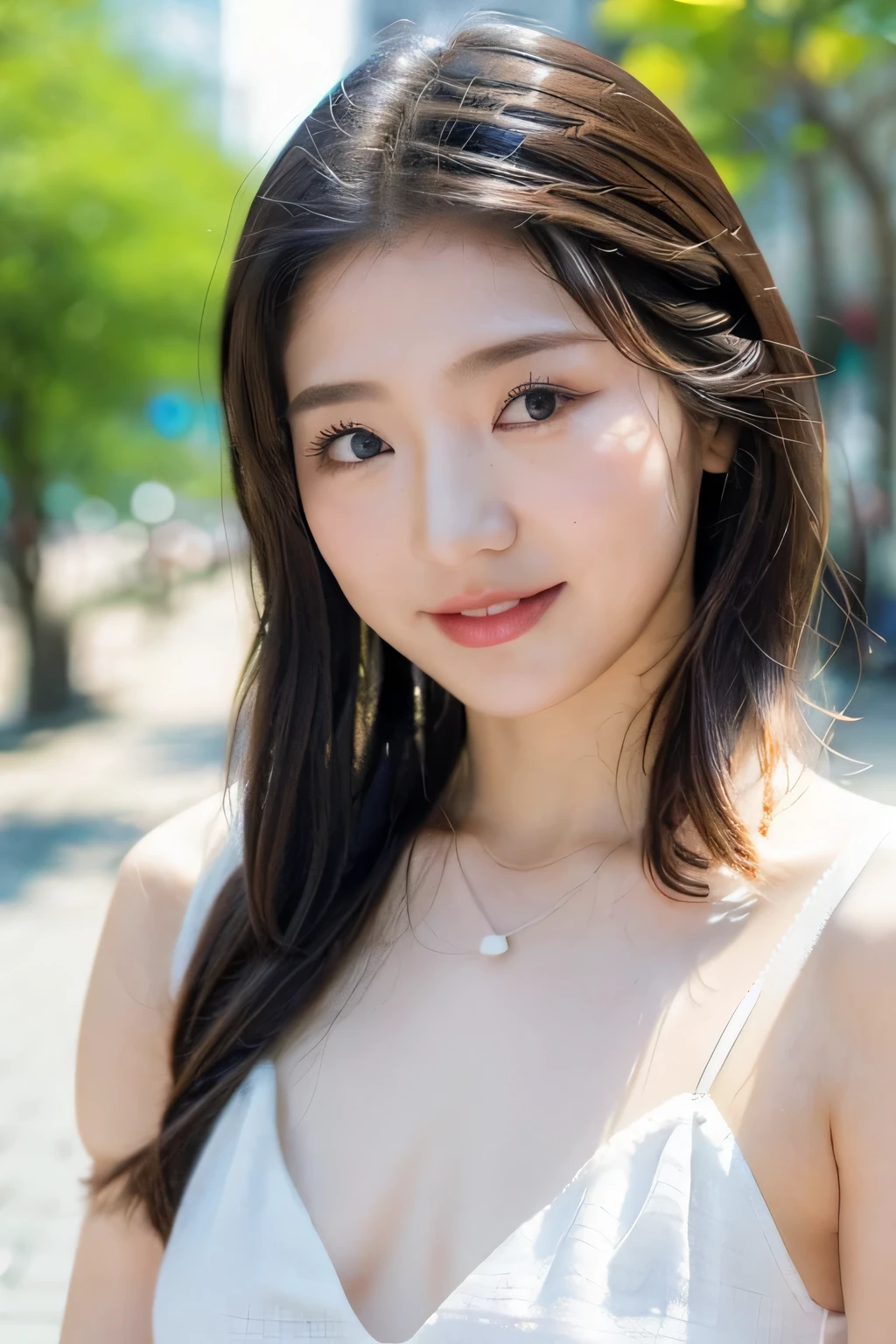 NSFW:1.5,((highest quality、8K resolution、master masterpiece、portrait:1.3)), Photoreal, 35mm film, 1 Japanese female, Upper body,on the street during the day, wrinkles around the eyes, plump body,ponytail,smile,((sexy white lingerie:1.3)) , (outdoor:city street 1.3), jumbled background,look at the audience,Tokyo cityscape:1.3