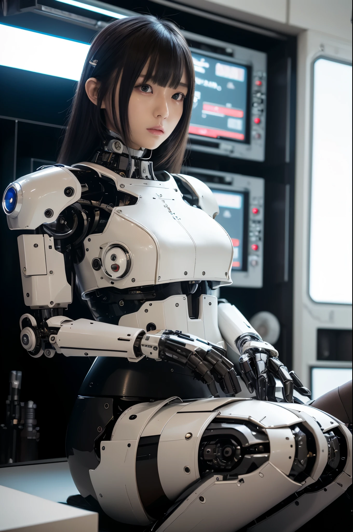 masterpiece, best quality, extremely detailed, Japanese android woman,Plump , announcer,control panels,activate,Squat,android,droid,Mechanical Hand,Robot arms and legs, Black Robot Parts,black hair,darkblack knee high socks,black sponge joints,blunt bangs,white robot body,ceramic body,leather boots,perfect cyborg girl