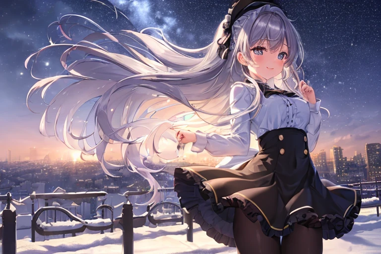 (masterpiece,best quality,ultra detailed:1.2), Lens Flare, Outdoors, In the city, Beautiful starry sky at night, from above, Frilly clothes, Black Tights, Pantyla, Cheerful smile, hair blowing in the wind, Cute uniform with more frills, black tights, Snow, snow effects,