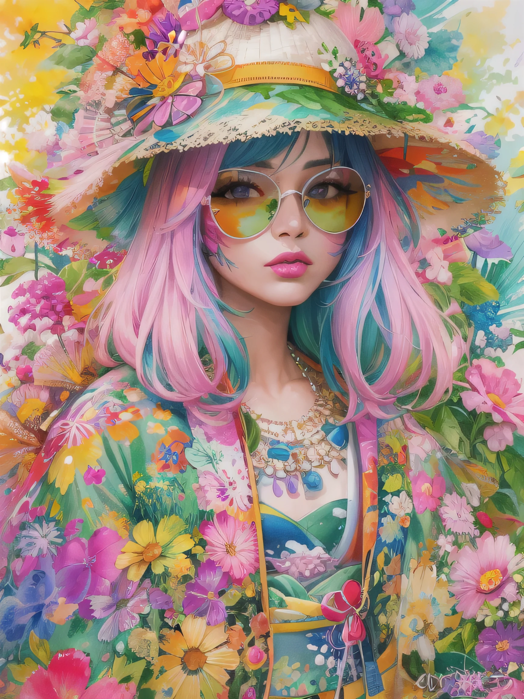 8K quality, Sylvia Pelissero watercolors, intense watercolor, watercolor detailed art, watercolor splash, surreal, avant-garde pop art, Beautiful and expressive paintings, Beautiful artwork illustration, very colorful tones, wonderful, cool beauty, highest quality,official art, vector art,stylish design, (((The strongest beautiful girl of all time))), (((Japanese)))、Idol、clear, Stylish sunglasses, Fashionable hats, (((highest quality))), bob hair, lips in love, HDR, ((Detailed details)), stylish fashion, detailed clothing texture, (((graffiti art))), colorful hair, ((masterpiece))、((Super detailed))、(((colorful flowers)))、
