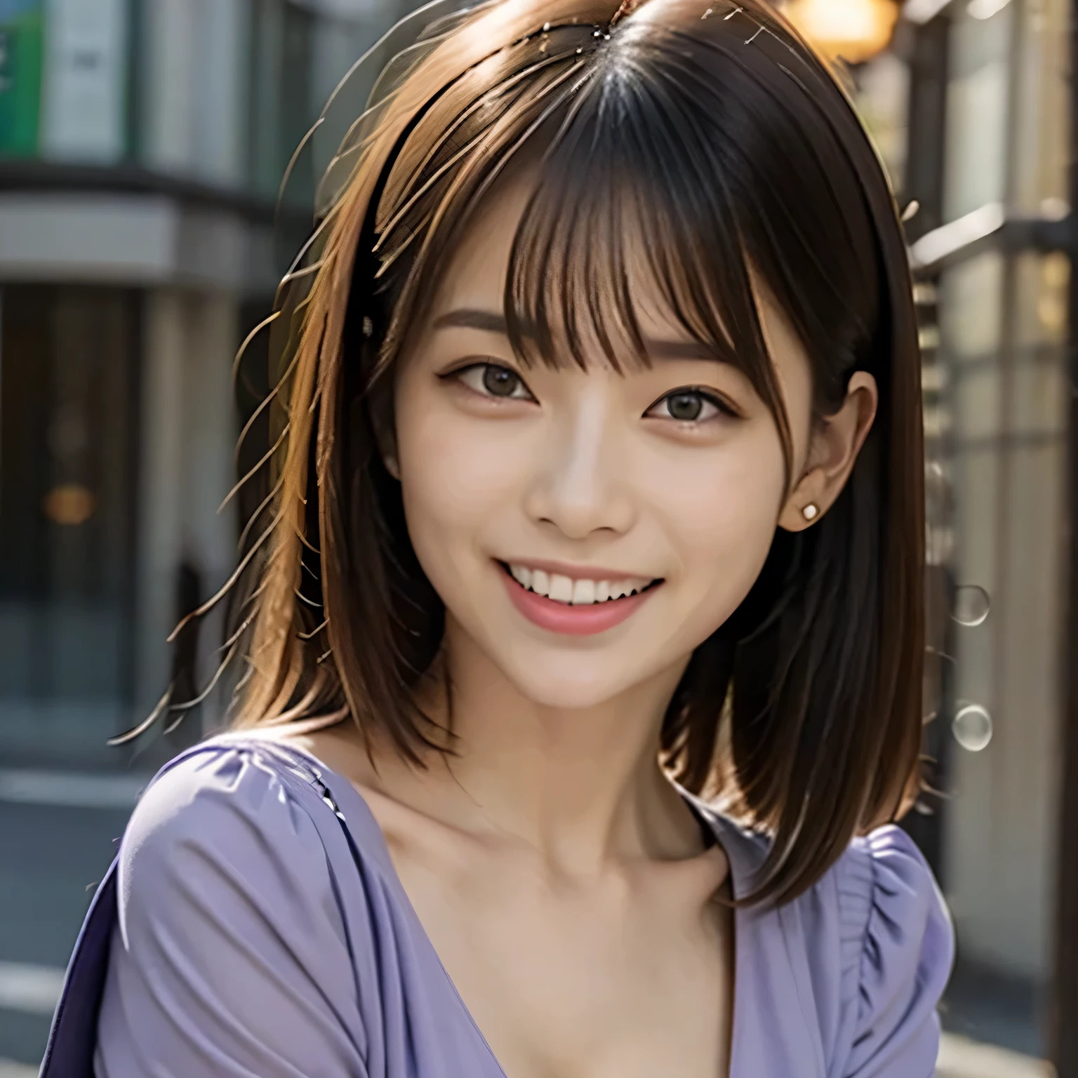 (Photoreal:1.4), (Super detailed), (highest quality), (best shadow), (masterpiece), ultra high resolution, 1 female, (light purple fancy blouse:1.2), (big breasts), smile, portrait, Depth of written boundary, perfect lighting, With background: (Tokyo Ginza street)