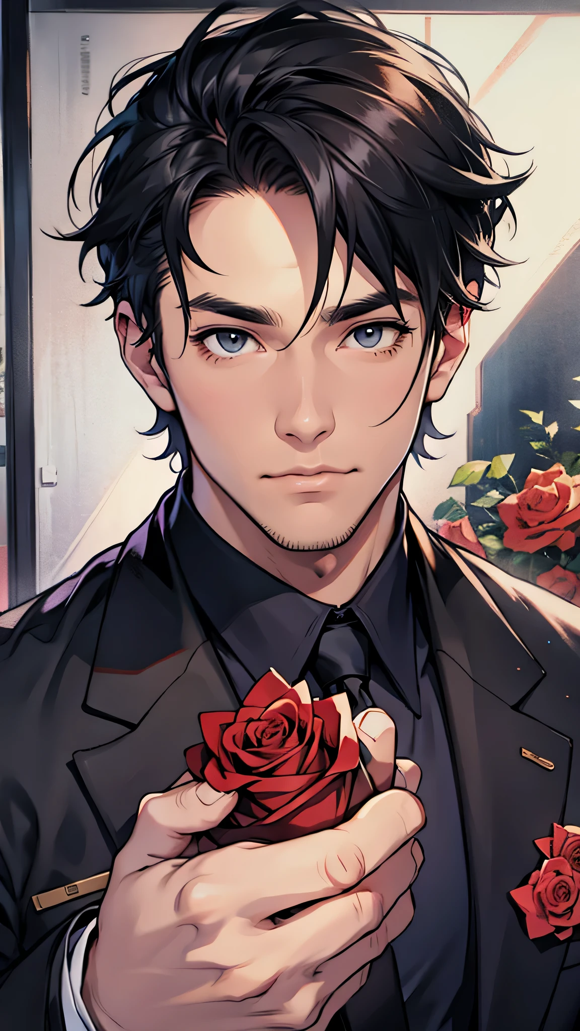 最high quality、best image quality、masterpiece、male((20-year-old、 By becoming、muscular、black Y-shirt、black suit、black tie、black hair、shortcut、holding a bouquet of roses、gesture of offering)),high quality、beautiful art、background((In front of the entrance))、Flight、debris flies、Depth of written boundary、movie、visual art、perfect art、8K,genuine、Dynamic Performance