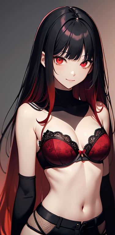 (8K、highest quality、masterpiece:1.2)、anime coloring、super resolution、Realistic、(1girl) 、(black hair to red hair gradient hair,long straight hair:1.5)、(contrapposto),(red eye,glowing eyes:1.3),(forehead:1.2),(face focus,upper body),(strapless black lace bra:1.3,black shorts :1.3)、(light smile:1.3),(cute face)、,(flat chest),gradient background、(slender:1.3)、