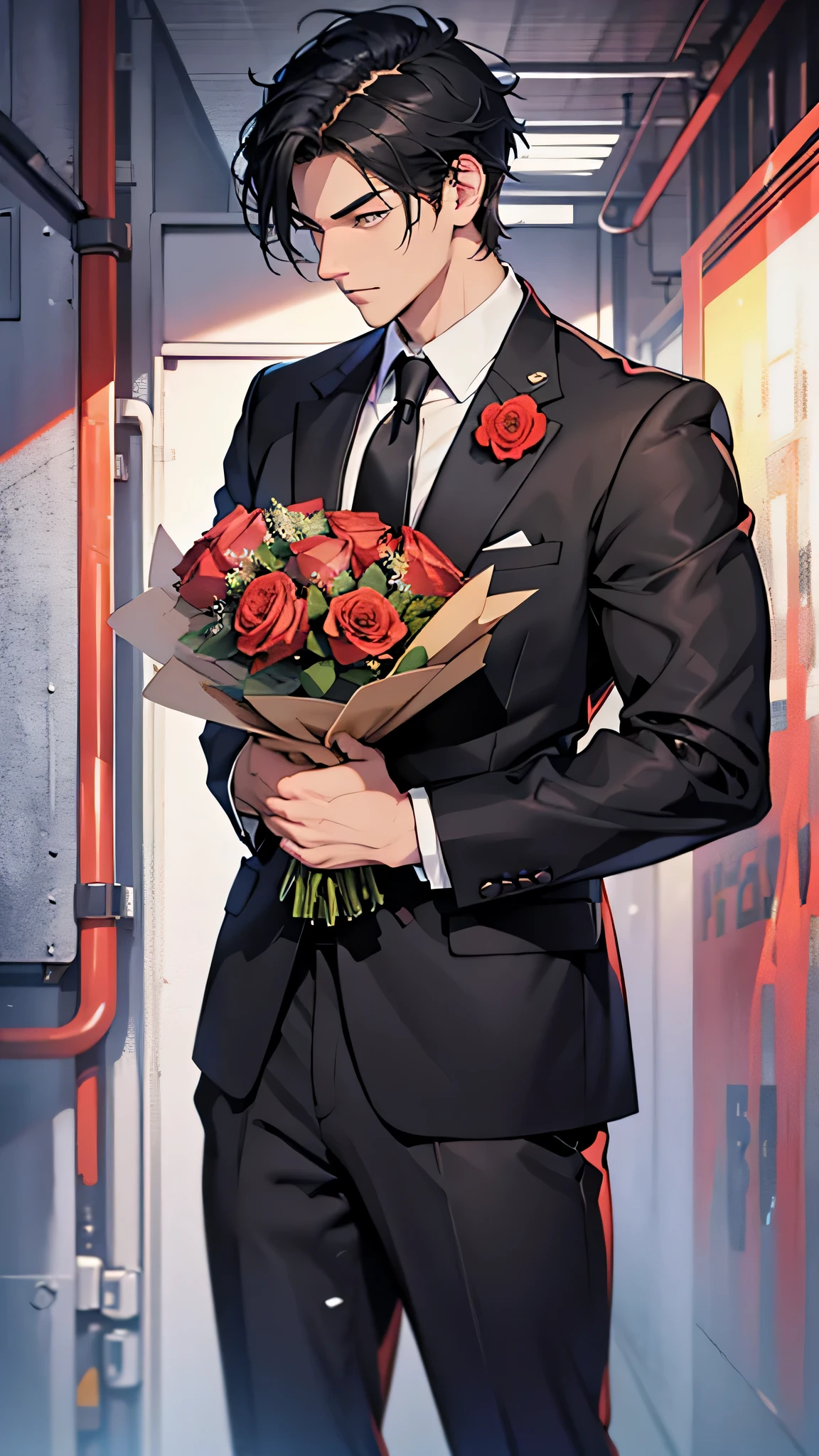 最high quality、best image quality、masterpiece、male((20-year-old、 By becoming、muscular、black Y-shirt、black suit、black tie、black hair、shortcut、holding a bouquet of roses、gesture of offering)),high quality、beautiful art、background((In front of the entrance))、Flight、debris flies、Depth of written boundary、movie、visual art、perfect art、8K,genuine、Dynamic Performance