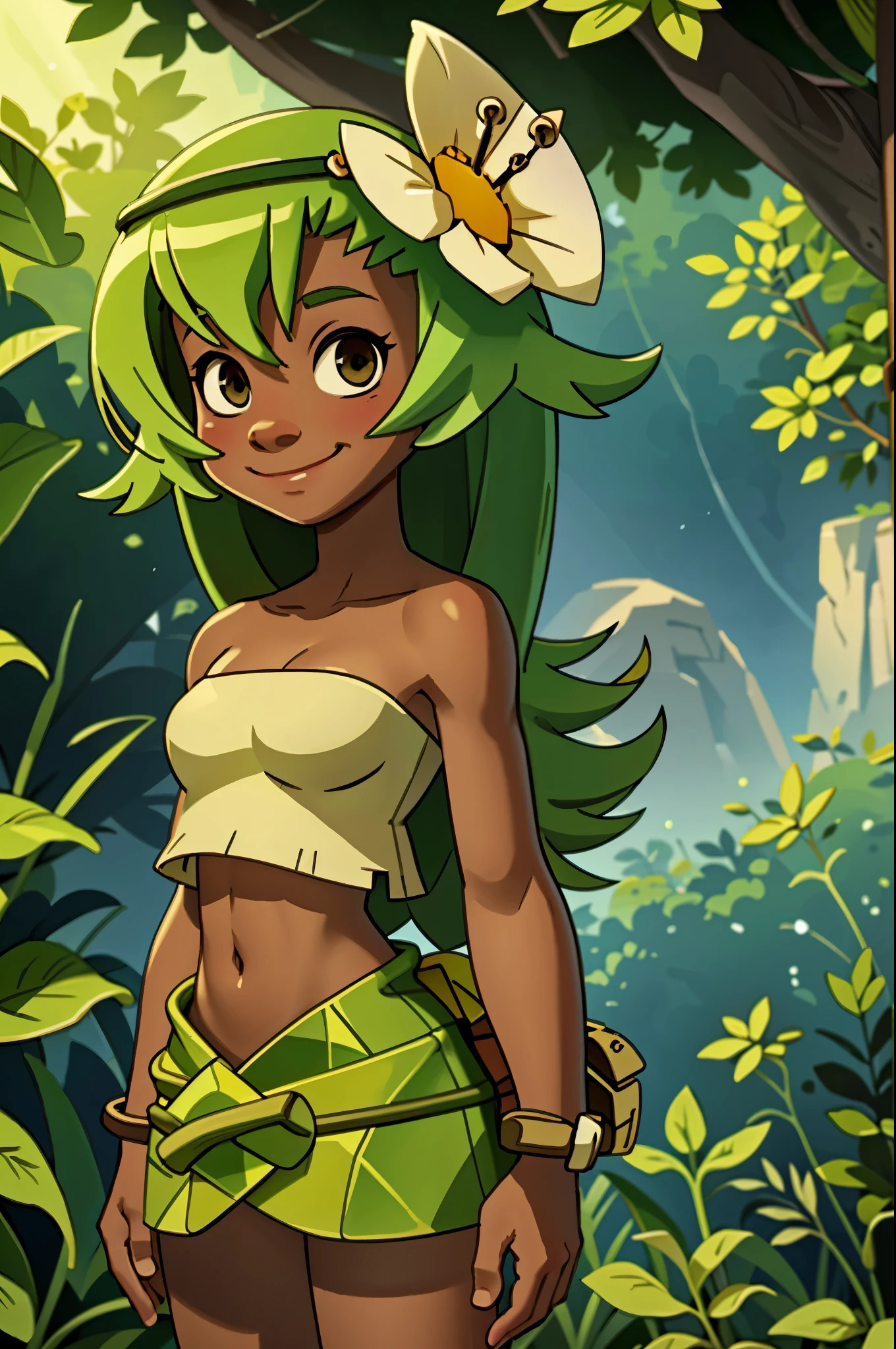 1girl, amalia, green hair, long hair, hair flower, dark skin, bare shoulders, plants top, wakfu, upper body, smile, looking at viewer, solo, detailed forest background 