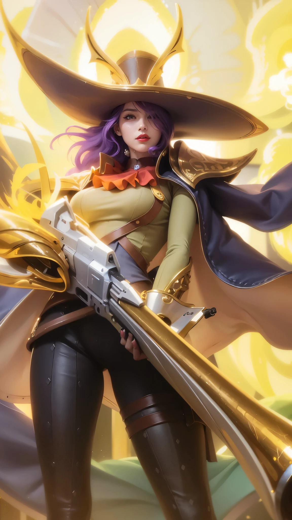 a close up of a woman with a gun in her hand, purple long hair, red lips glossy, 8k, ultra hd, ultra detailed texture, hyper realistic, masterpiece, detailed texture, detailed face, detailed skin, detailed lighting, (photorealistic:1.5), best quality, beautiful lighting, cinematic lighting, professional lighting, ultra highres, realistic, detailed hair, real hair, high quality, (realskin:1.5), extremely detailed, finely detail, ultra-detailed, braids, eye patch, left eyepatch,