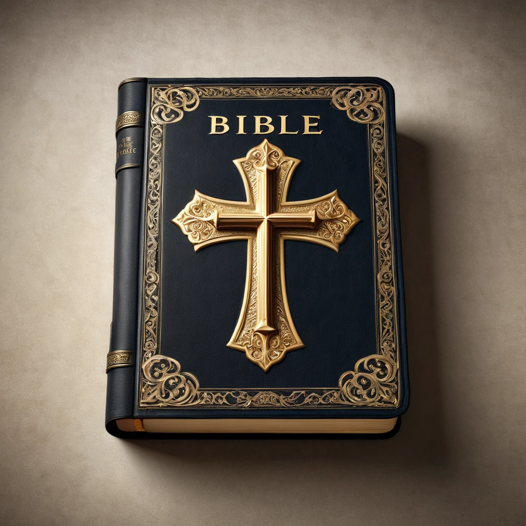 A stunning, lifelike rendering of a closed Bible, with the cover facing the viewer, in top the word "BIBLE" emblazoned in gold lettering, And in the middle a golden cross