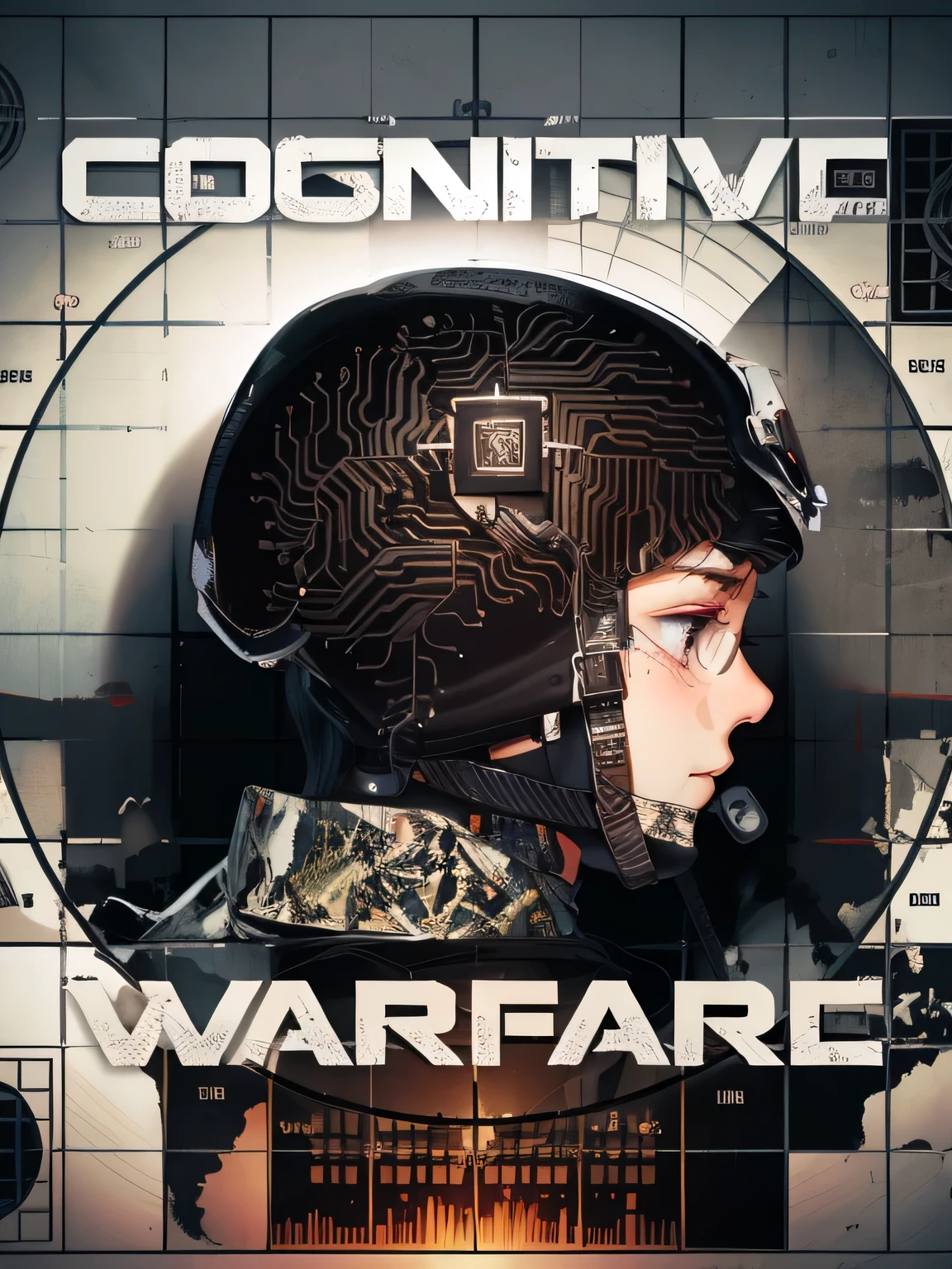 Close-up of male head，black helmet，White bottom，There is a circuit in the middle of wearing goggles, warfare, warcore, warpgate, war, cyber war, negative, army industrial complex, biomachine war against humanity, fighting, brain, digital, know, cognitohazard, company, army, war theme, album, intelligence, box art, ingenious, 