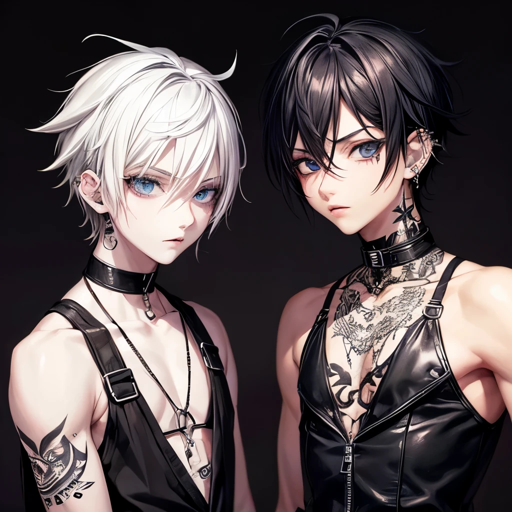 2boys,13 only、(Man's :2) ,twins,Handsome boy,long silver hair、a blond、Collar,tattooed、Upper body naked、starrysky 、sand beach、Back lighting、hightquality、masutepiece,8K,